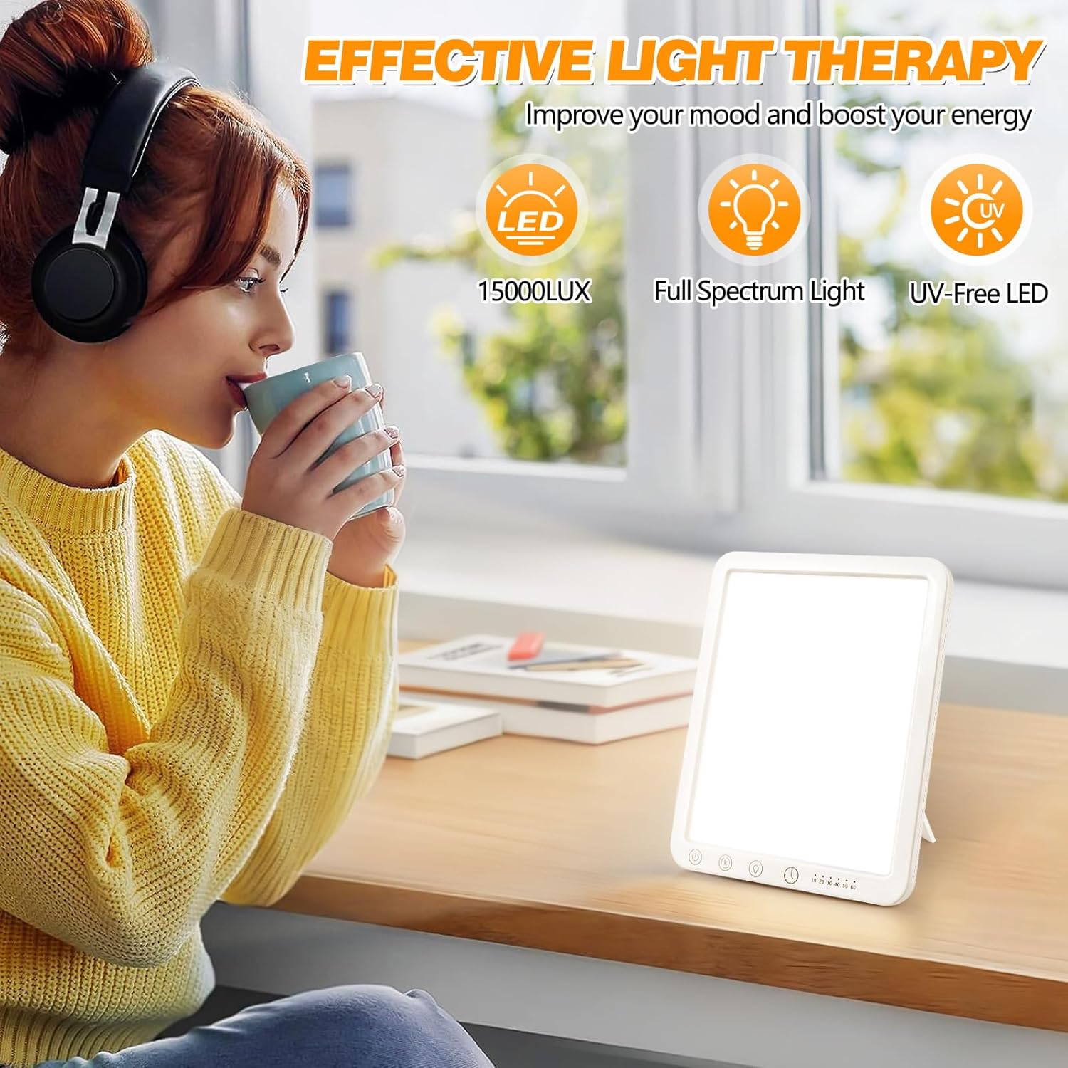 Tageslichtlampe, 15.000 Lux, dimmbar, UV-freie LED-Lichttherapielampe, 6 Timer, 180°-Halterung, Touch-Steuerung, Sonnenlichtlampe für Depressionen, Vollspektrumlampe für Zuhause/Büro – Bild 5