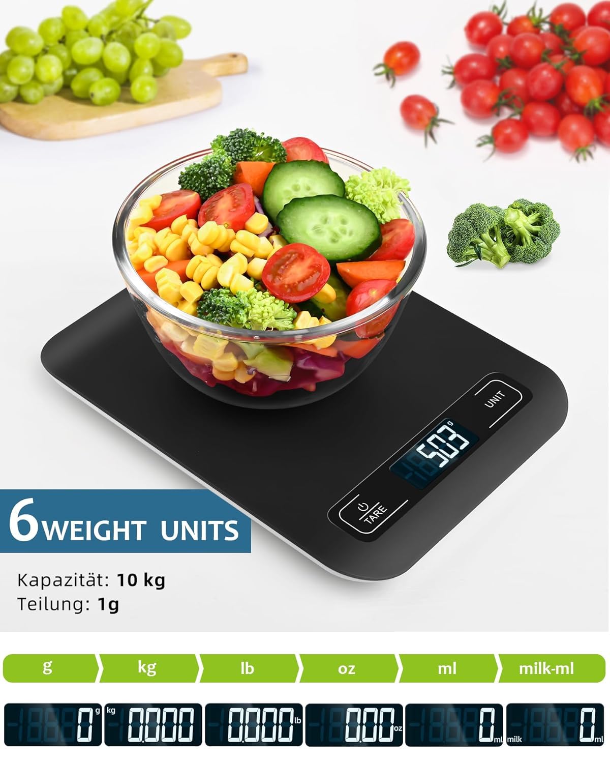 Küchenwaage Digital mit LCD-Display und Tara-Funktion, Präzise 1g Messung zum Backen und Kochen, Schwarz – Bild 2