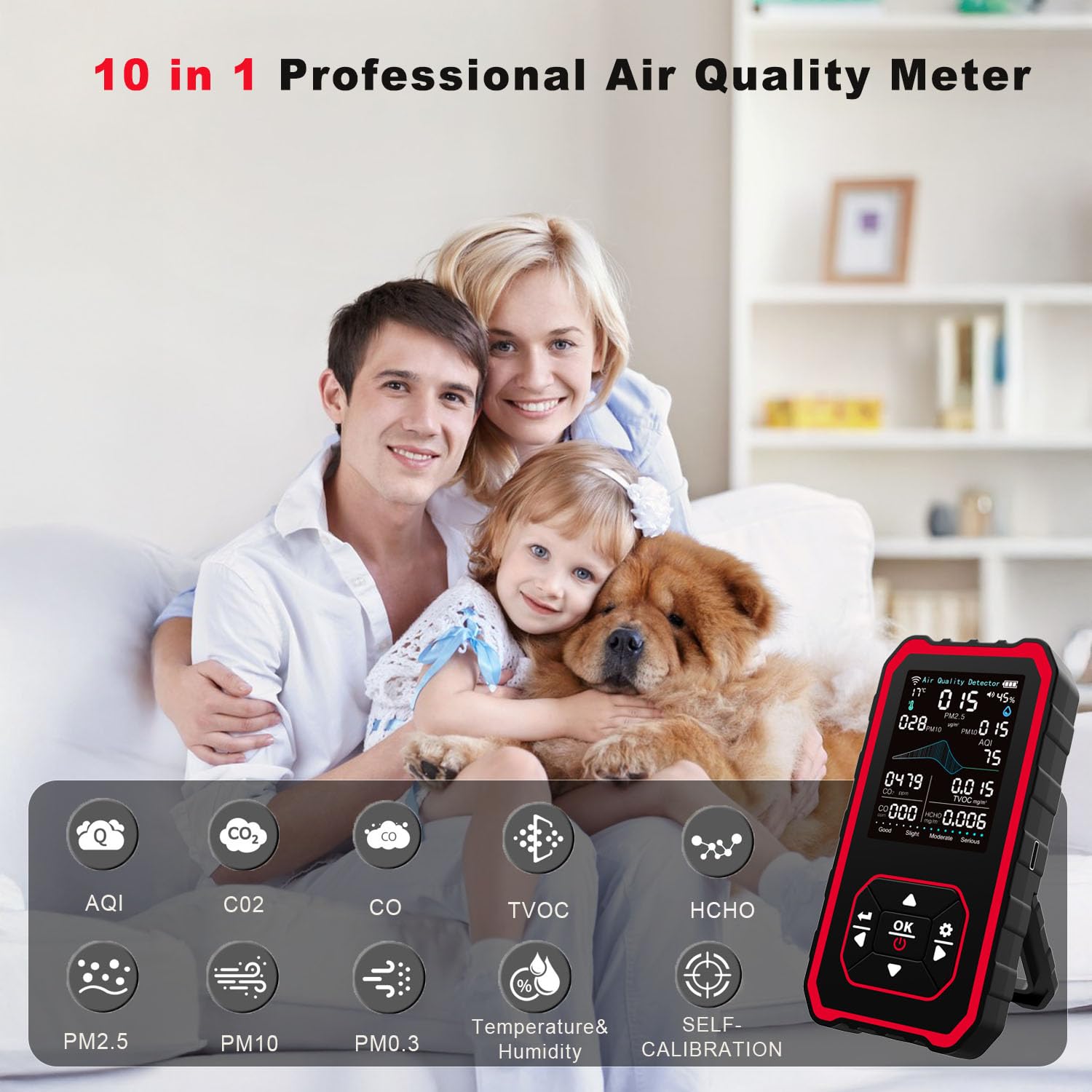 10-in-1-Raumluftqualitätsdetektor, PM-Detektor, CO2-Monitor, mit Temperatur und Luftfeuchtigkeit zum Testen von PM2,5/PM10/HCHO/TVOC/AQI, USB-Aufladung für Heimbüros oder Schulen – Bild 2