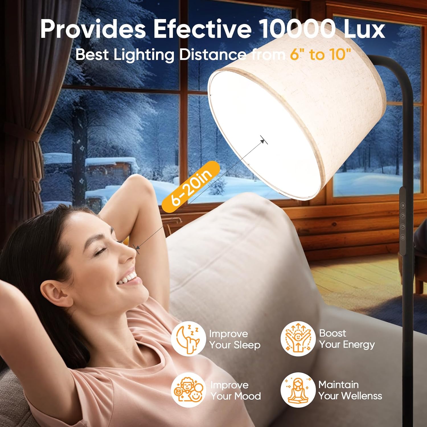 Caromolly Lichttherapielampe 10000 Lux Tageslichtlampe Simulation von Tageslicht, Lichttherapie Stehlampe mit Fernbedienung, 3 Farbtemperaturen, Dimmer und Timer – Bild 2