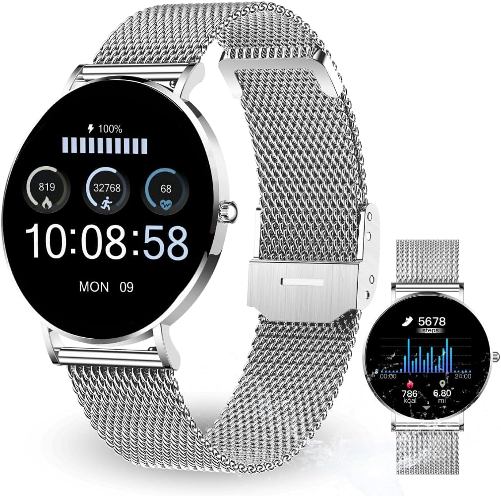 XCOAST SIONA 2 Damen Smartwatch Silber – Feinmaschiges Armband, AMOLED-Display, Fitnessuhr mit Herzfrequenz, Blutdruck & SPO₂, 21+ Sportmodi, IP68 wasserdicht, 7 Tage Akku, Android & iOS