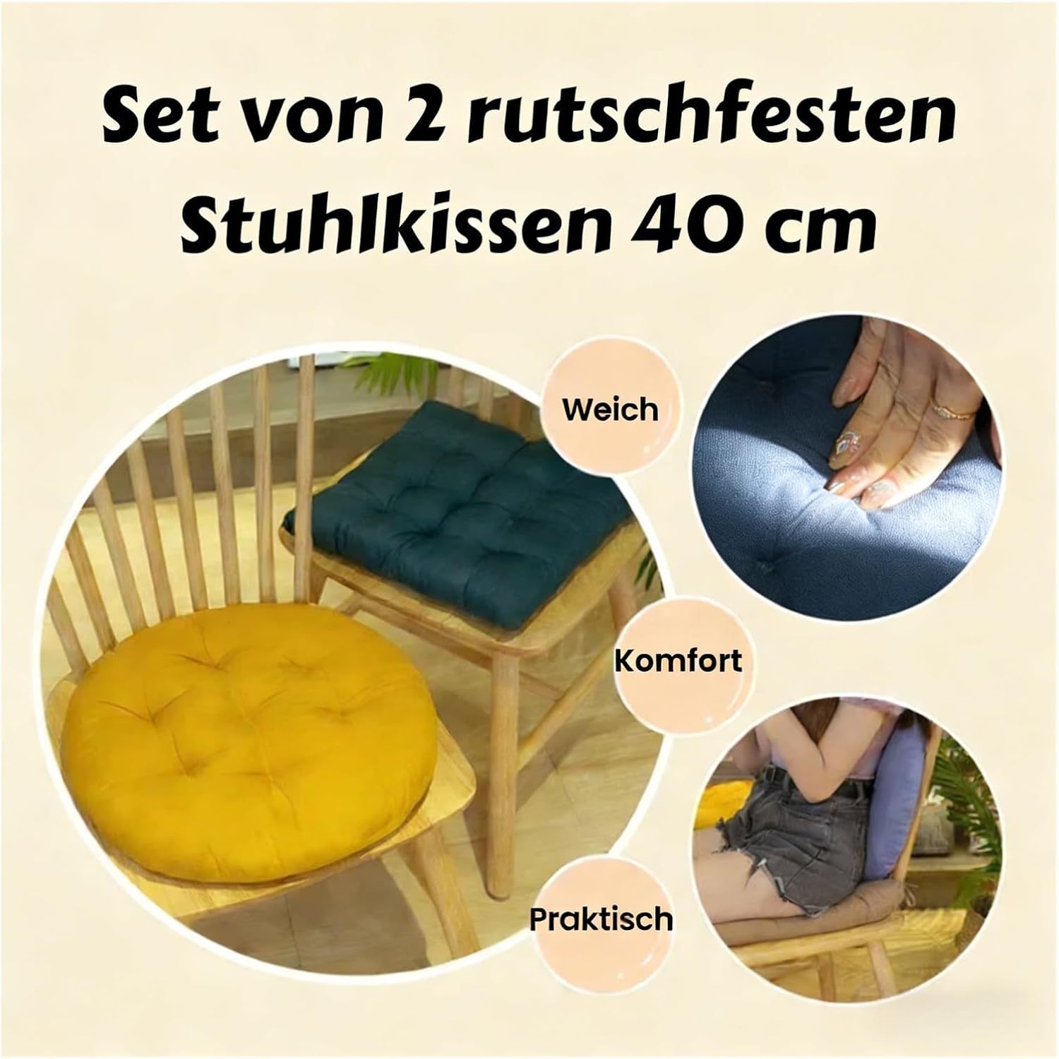 2er Set Sitzkissen rund 40cm - Stuhlkissen rund 5cm dick mit Rutschfest, Bodenkissen Sitzkissen rund für Indoor Outdoor Sitzkissen Schule Bequeme Auflagen & Auflagen (Rosa) – Bild 2
