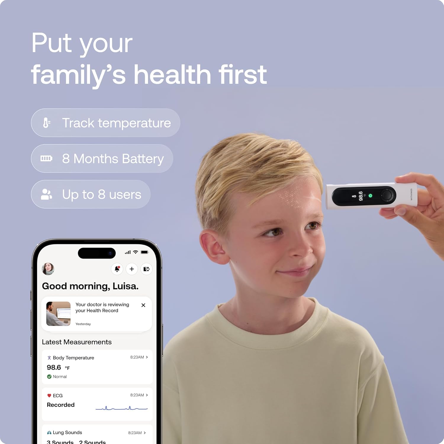 WITHINGS BeamO Kontaktloses digitales Smart-Thermometer, Fiebererkennung, 4-in-1-MultiScan, EKG, Pulsoximeter, digitales Stethoskop, für Kinder und Erwachsene, Mehrbenutzer, Familiengesundheit – Bild 3