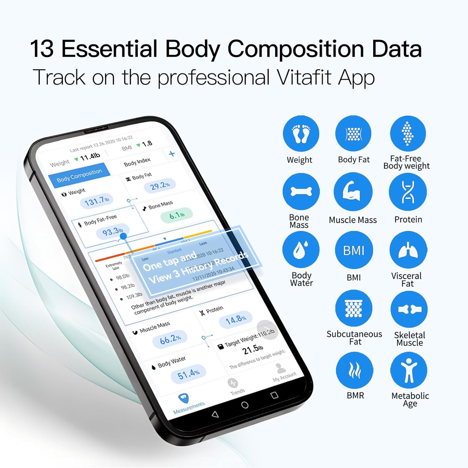 Vitafit Körperfettwaage, Personenwaage digital mit App 182 kg, professionelle Wiegefabrik seit 2001, Körperanalysewaage mit Bluetooth, Körperwaage für Körperfett, BMI, Muskelmasse, schwarz – Bild 3