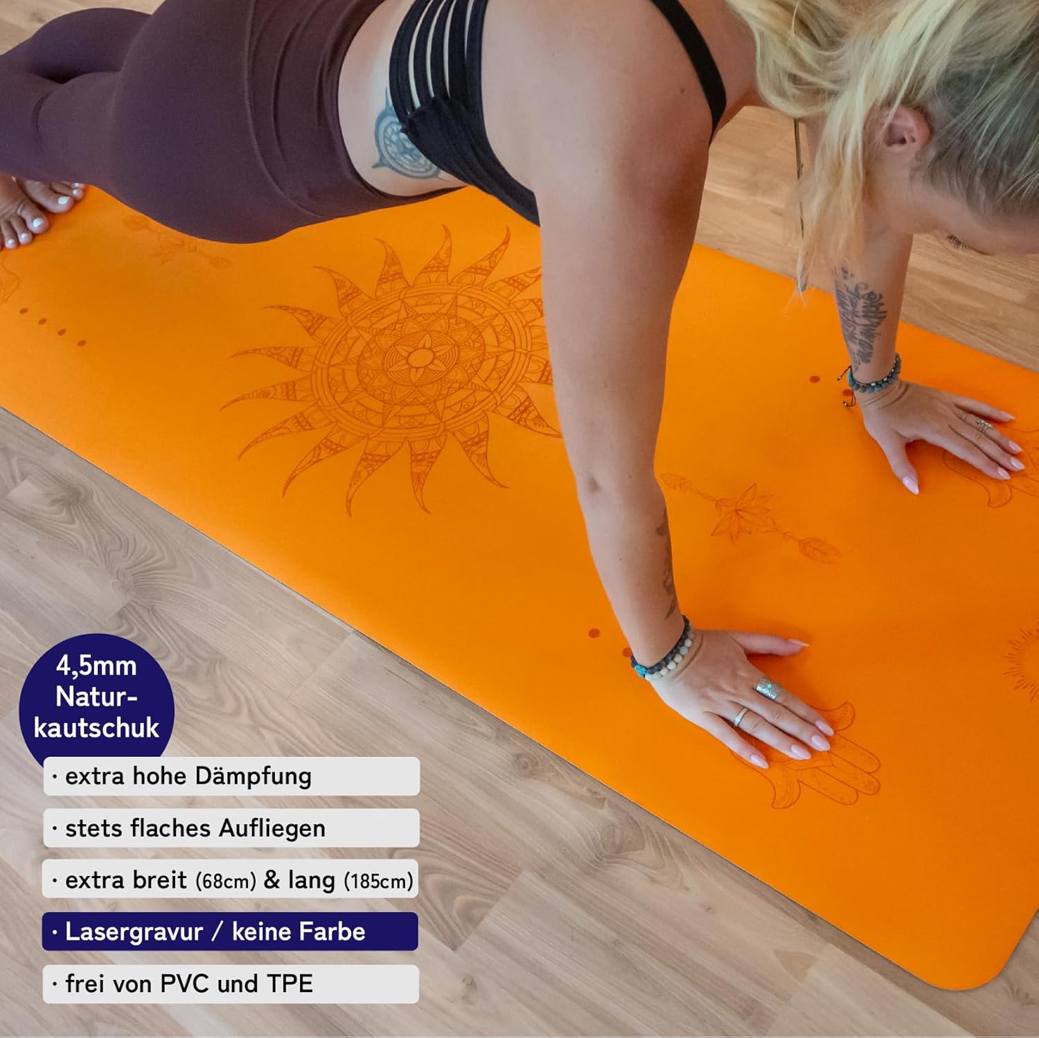 Rutschfeste Premium-Yogamatte: Rutschfester Naturkautschuk und japanische Profi-Griffoberfläche | 185 x 68 x 0,45 cm | Tragegurt | 4,5 mm dicke Yogamatte, rutschfest – Bild 9