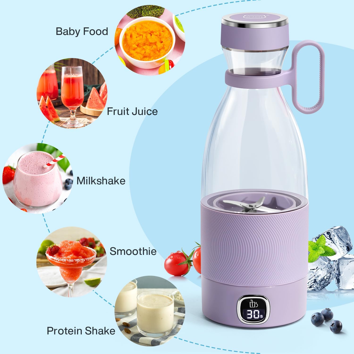 Tragbarer Mixer, MIAOKE 6-Klingen-Entsafterbecher für Saft, Shakes und Smoothies, 350 ml Mini-Mixer mit LED-Anzeige, USB wiederaufladbar, 3000 mAh wiederaufladbarer Akku, für Zuhause, Sport, Outdoor – Bild 8