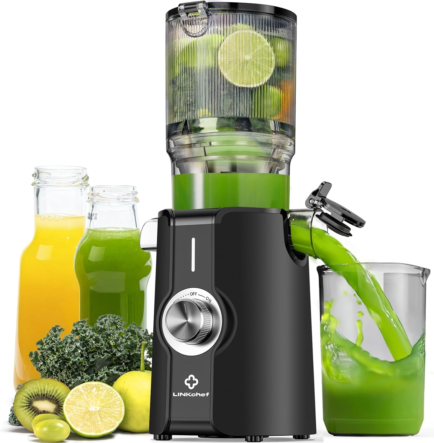 LINKChef Slow Juicer, Entsafter Gemüse und Obst, Testsieger mit 115 mm großem Entsafter, Kaltentsafter für ganze Früchte/Gemüse, Blitzreiniger, einfache Installation, BPA-frei, 200 W, Schwarz