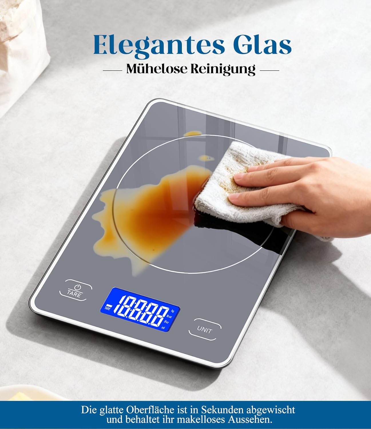 Digitale Küchenwaage mit 15 kg Tragkraft, 5 Einheiten in g/ml/fl'oz, Präzise Küchenwaage mit großem Display, Dual Power (USB-C/Batterie), 1 g hohe Präzision, Tara-Sicherheitsglas zum Backen, Kochen – Bild 7