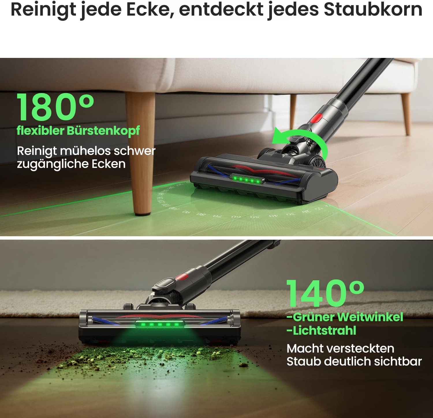 Xlife Akku-Staubsauger 550 W, 45000 Pa Saugleistung, 40 Minuten Laufzeit, Anti-Haar-Wickelbürste, grüner Staubsensor, HEPA-Filter, für Tierhaare, Teppich, Hartböden – P2 (Hellgrau) – Bild 4