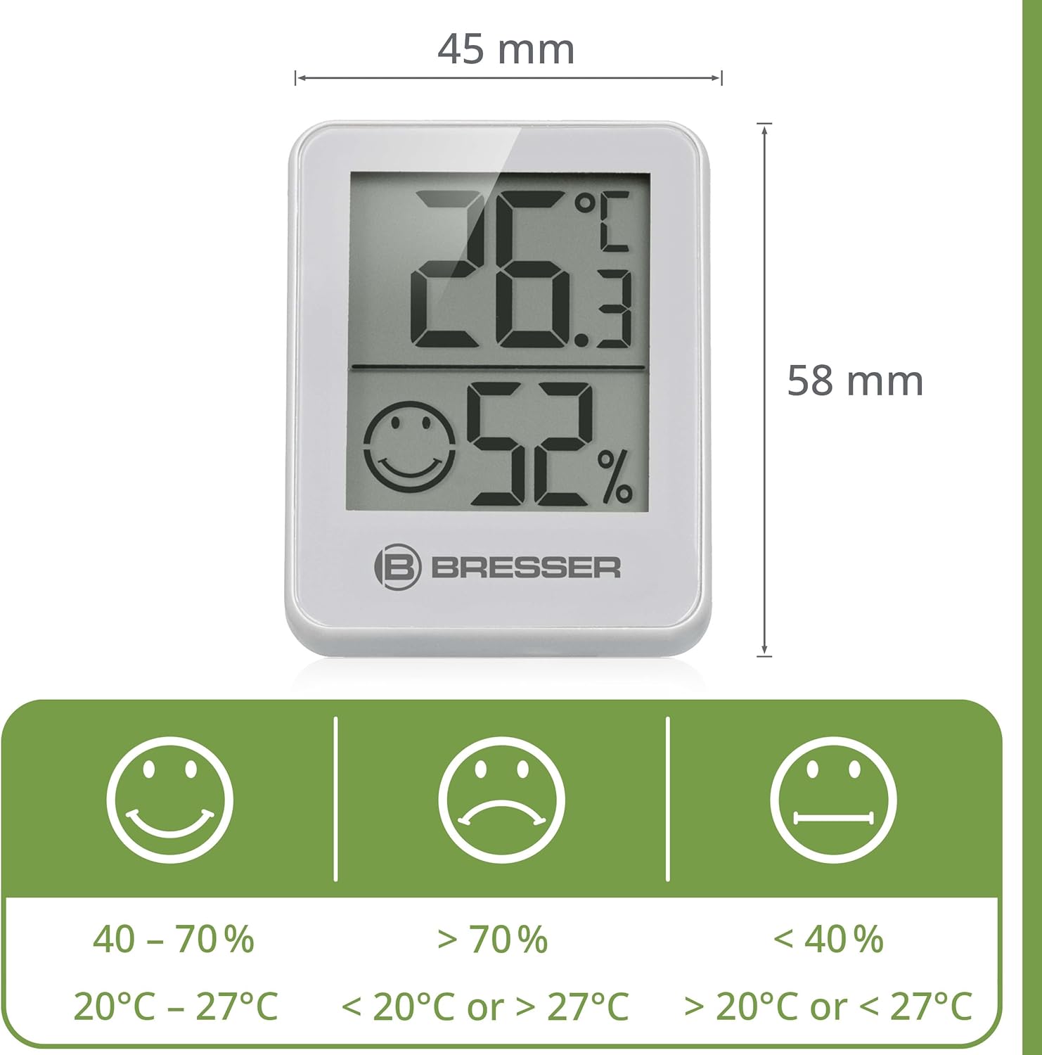 Bresser Temeo Thermometer Hygrometer, Hygro-Indikator 3er-Set zur Tisch- oder Wandmontage mit Raumklimaanzeige, weiß, 4,5 x 1,6 x 5,8 cm – Bild 5