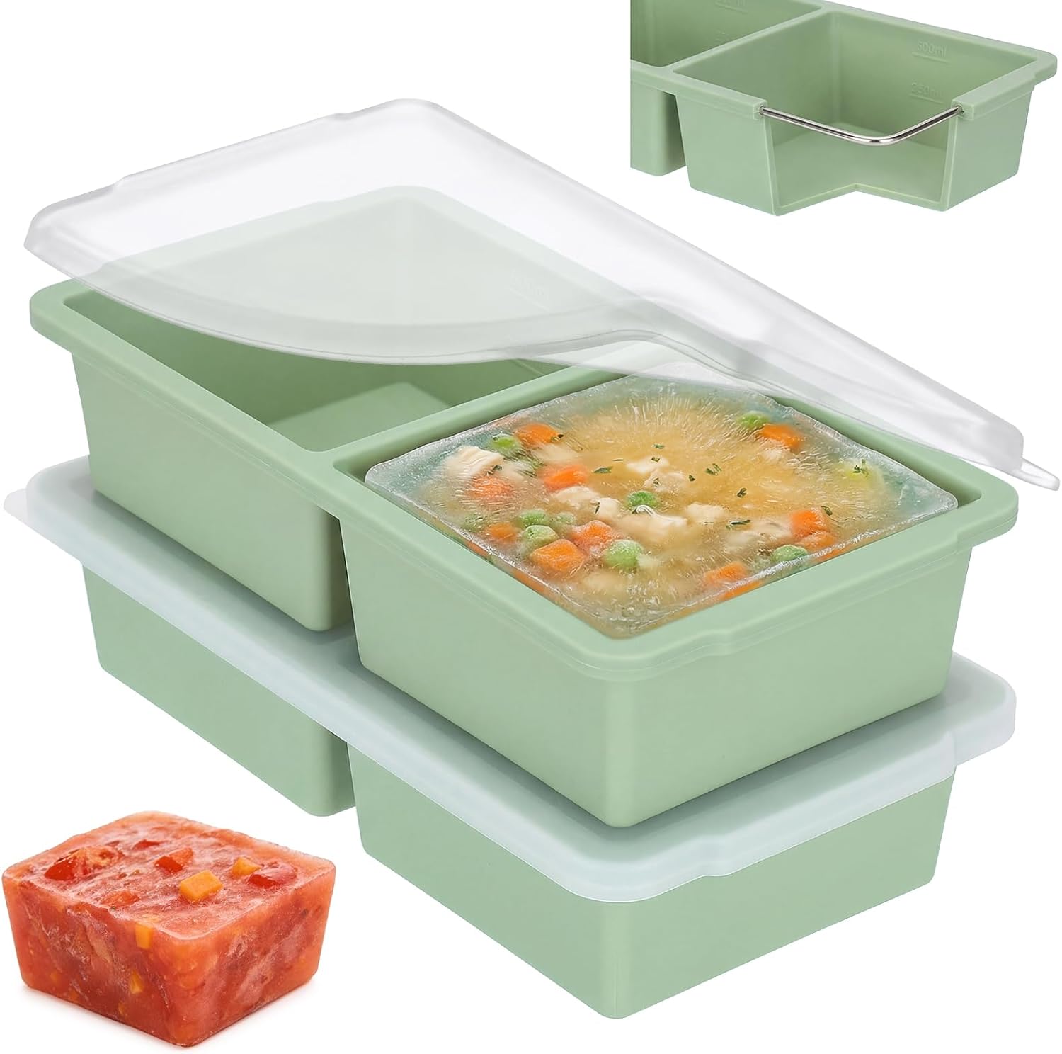 Souper Cube Silikon-Gefrierform mit Deckel, 2er-Set XXL-Eiswürfelform groß/Eiswürfelform (500 ml), Meal Prep & Suppen-Gefrierbehälter, BPA-frei, stapelbar (Mintgrün)