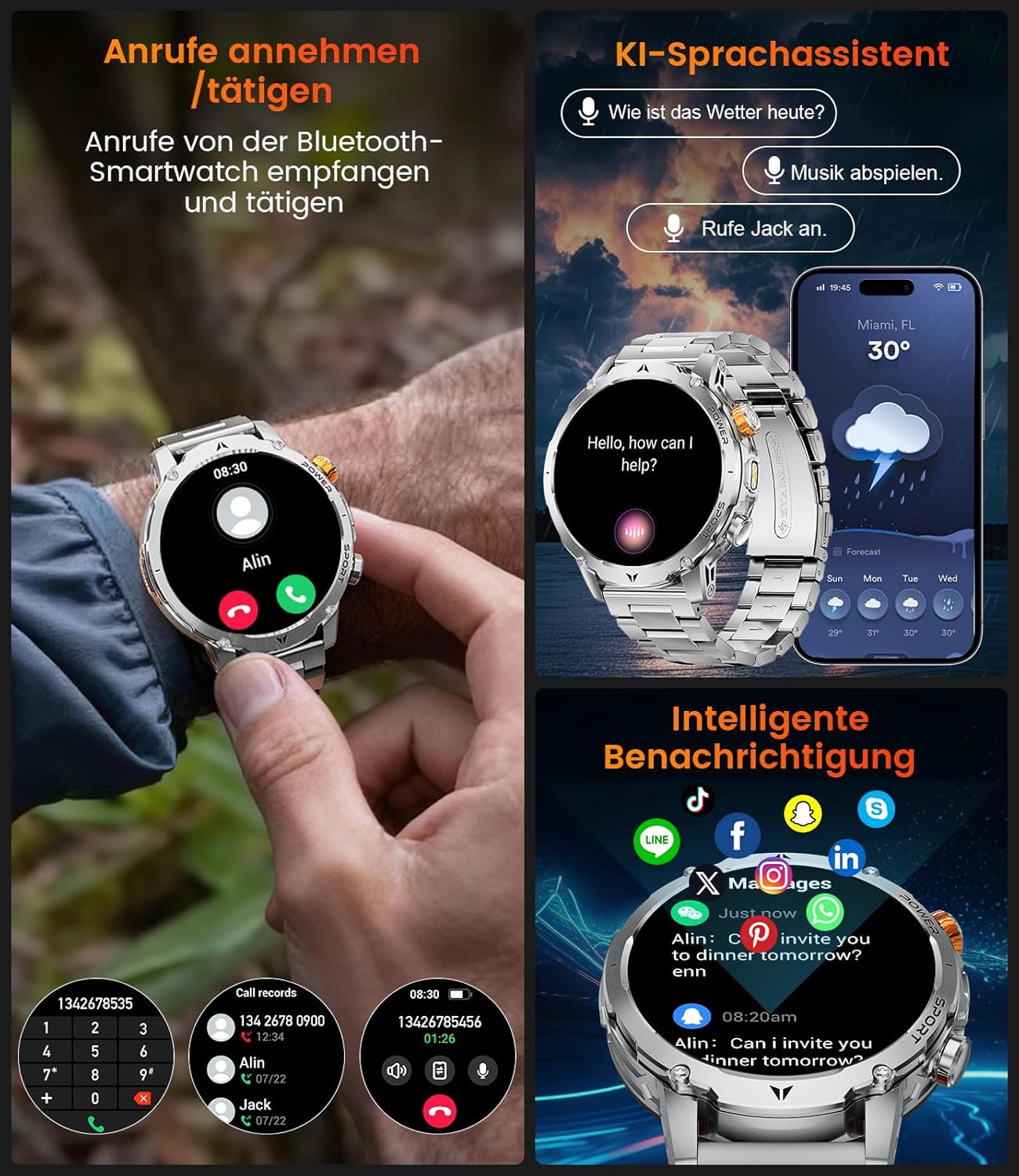 1000 mAh Militäruhr für Herren, 1,7-Zoll-Smartwatch für Herren mit über 110 Sportmodi, IP68-Display, Apple Bluetooth, 24-Stunden-Herzfrequenz, Android iOS-Gerät, 3 Armbänder, 2 Ladegeräte, EF24-D – Bild 4