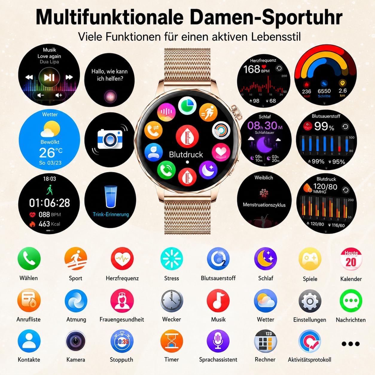 Efolen Damen Runde Smartwatch 1,27 Zoll HD Smartwatch mit Telefonfunktion, 120+ Sportmodi, IP68 wasserdichte Fitnessuhr mit Herzfrequenz-SpO2-Schlafmonitor, Fitness-Tracker für Android iOS Roségold – Bild 8