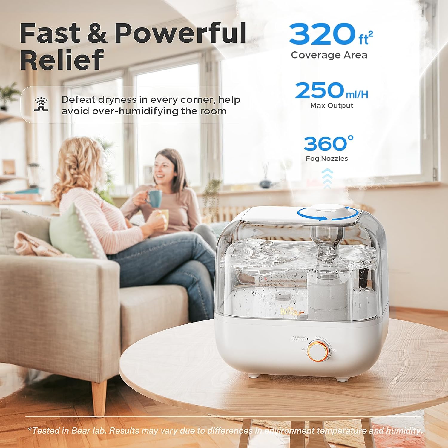 BEAR 5 L Luftbefeuchter mit Top-Füllung, 360° erweiterbare Dampfdüse, 28 dB extrem leise für Babys und Pflanzen, 35 Stunden Laufzeit, mit Aromatherapie-Tablett, automatische Abschaltung, Weiß – Bild 2