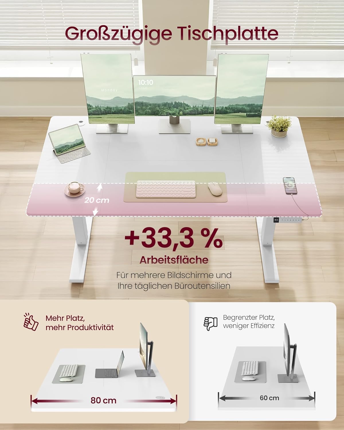 VASAGLE höhenverstellbarer Schreibtisch, 140 x 80 cm, USB-C-Anschluss, Steckdosenleiste, Stehtisch, Erinnerung an langes Sitzen, 3 Speichertasten, für Büro, mattweiß LSD144WZ02 – Bild 4