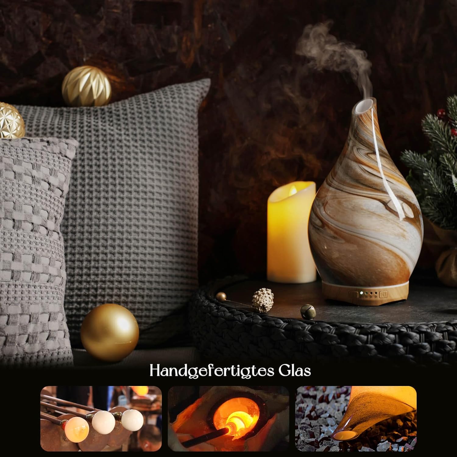 Porseme Aromadiffusor 280 ml, Luftbefeuchter aus mundgeblasenem Glas, Ultraschall-Aromatherapie-Öldiffusor mit 7 farbigen LED-Lichtern, Diffusor für ätherische Öle mit Timer, BPA-frei für Zuhause (Deep Desert) – Bild 4