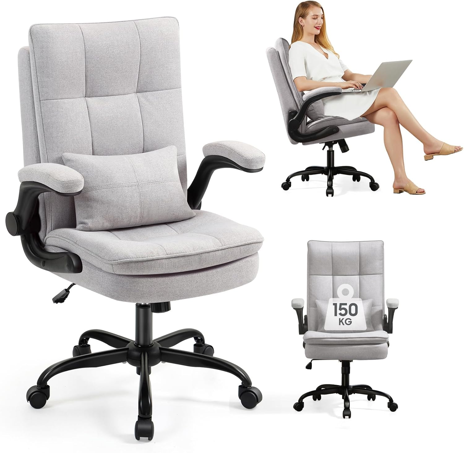 Ergonomischer Bürostuhl (Testsieger) Schreibtischstuhl | Klappbare Armlehne und hohe Rückenlehne | Höhenverstellbar & Wippfunktion | Chefsessel 150 kg | Bürostuhl | Bürostühle Stoff Grau