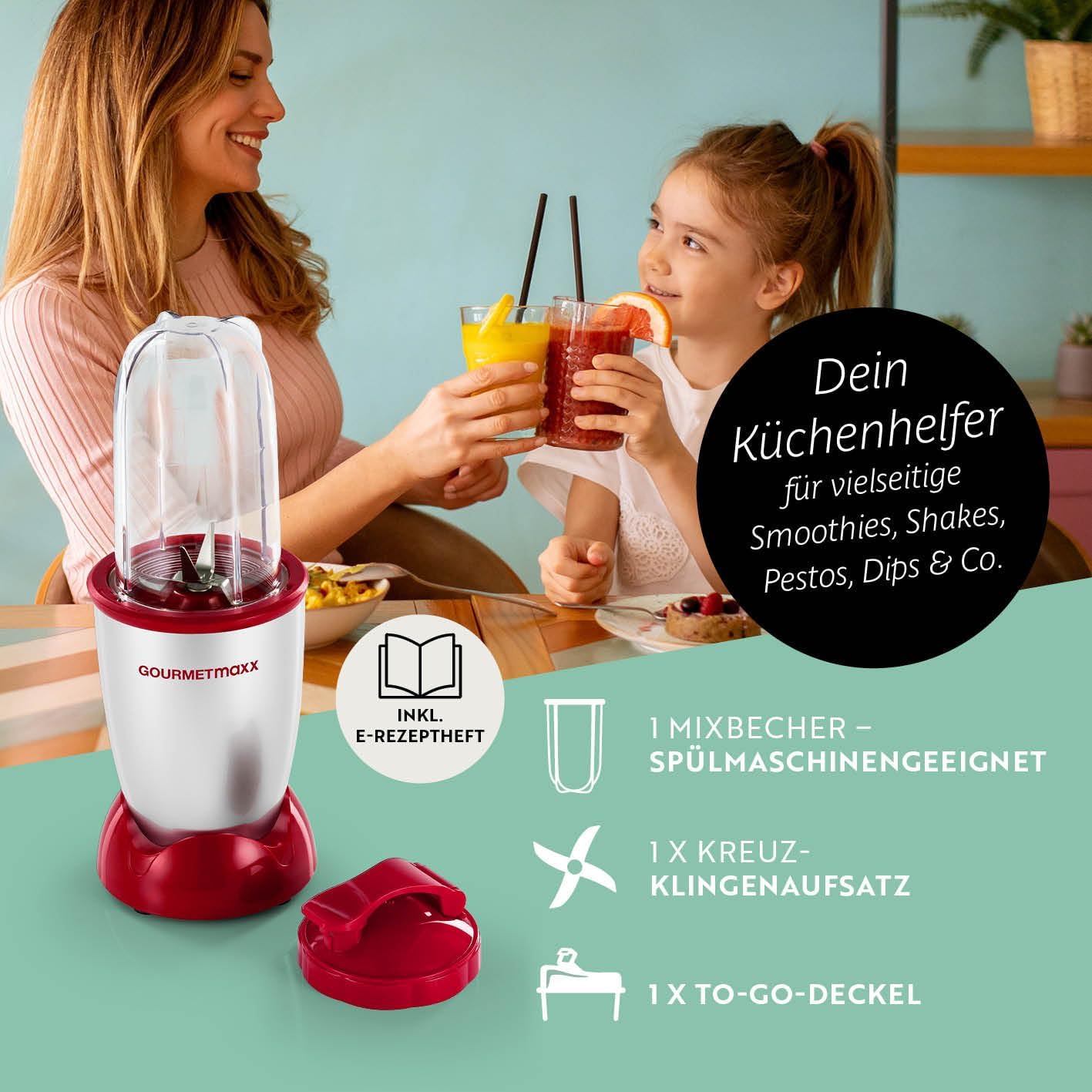 GOURMETmaxx Mr. Magic 4-teiliger Mixer, Smoothie-Maker mit 400-W-Power-Basis, inklusive Kreuzmesseraufsatz, 500-ml-Becher und To-Go-Deckel, kompakter Standmixer für Shakes und mehr – Bild 3