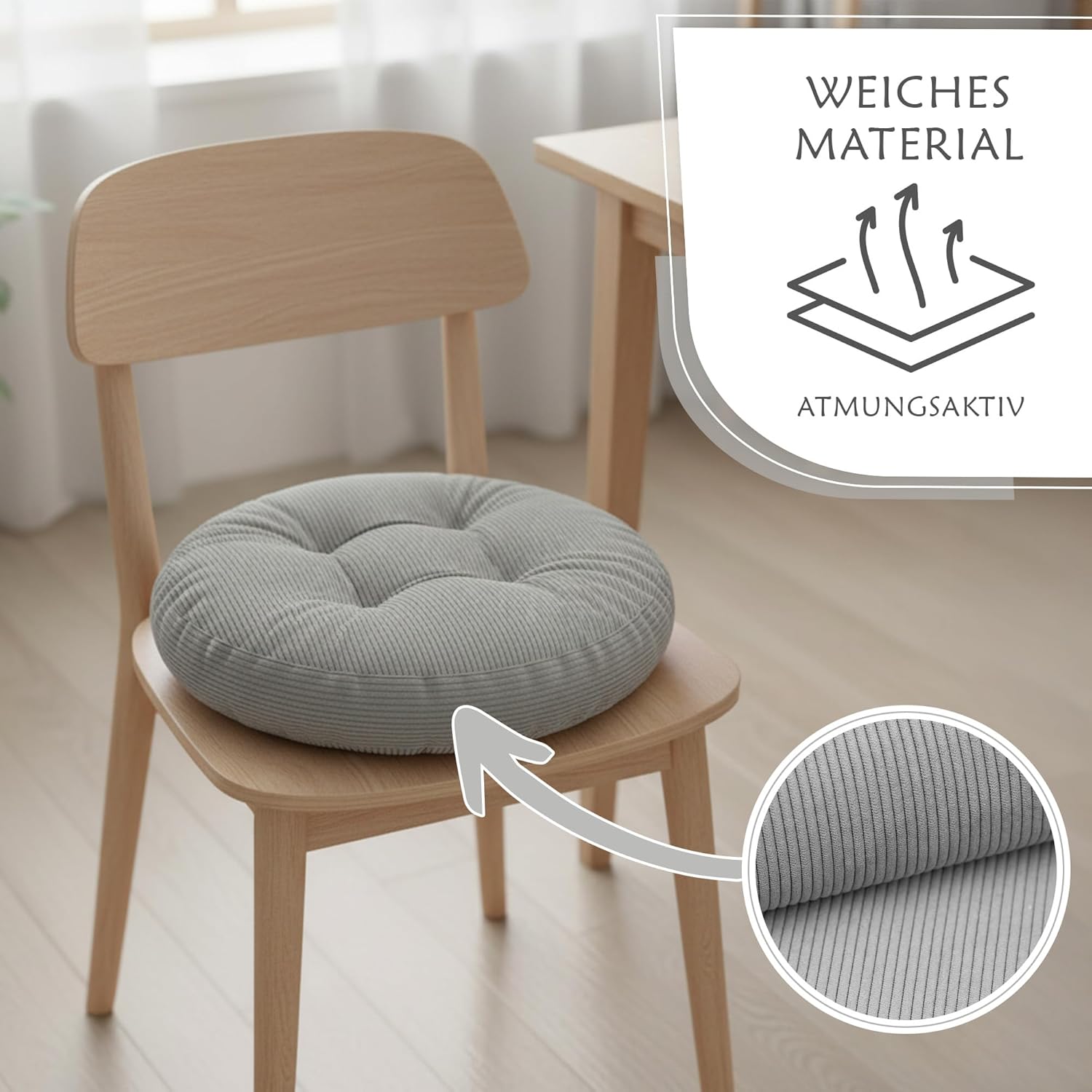 Amazinggirl Sitzkissen Stuhlkissen rund 40 cm – rundes Cord-Stoffkissen, Sitzkissen für Stuhl, Bürostuhl, Bank, Eckbank, Bodenkissen, weiches Sitter, flauschige Kordel, Grau – Bild 3