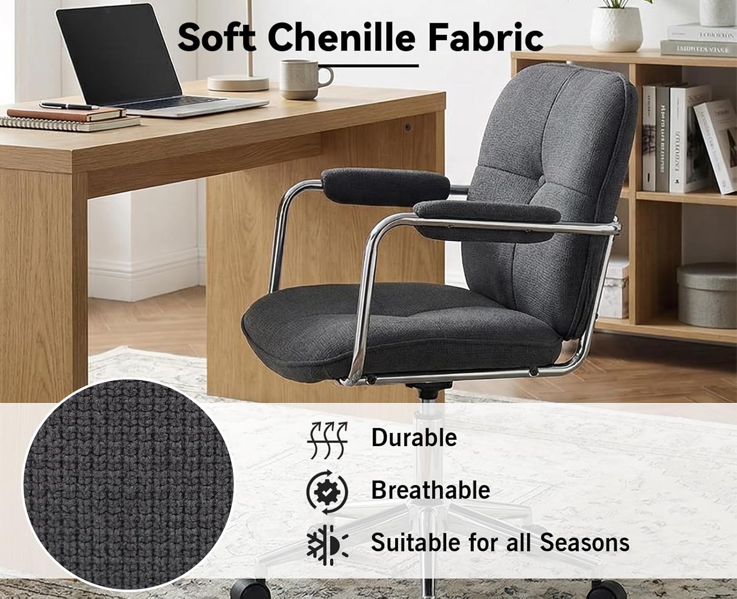 Ya-Home Schreibtischstuhl, Bürostuhl, ergonomisch mit Armlehne, 360° drehbarer Heimbürostuhl, höhenverstellbar, Computerstuhl mit Rollen für Arbeitszimmer, Schlafzimmer, Chenille-Stoff, Grau – Bild 4