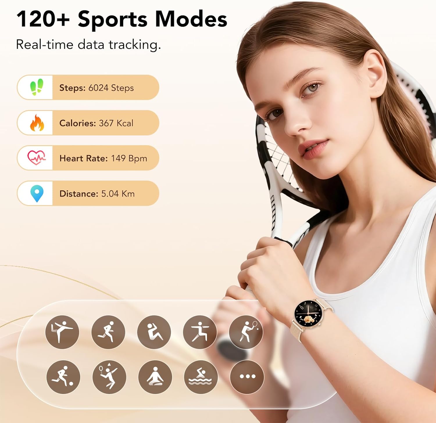 Elegante Damen-Smartwatch, IP68 wasserdichte Smartwatch für iOS Android, Gold – Bild 5