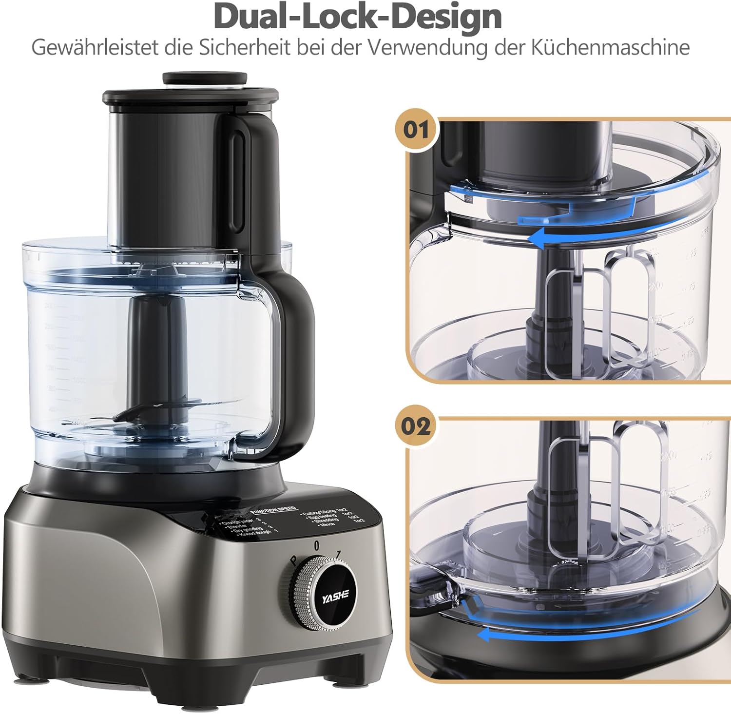 YASHE Multifunktions-Küchenmaschine, 11-in-1-Mixer, Mixer, Zerkleinerer, Entsafter und Teigmaschine mit 2,5-l-Schüssel und 1,5-l-Rührbehälter, 1300 W, 3 Geschwindigkeiten, Pulse-Funktion, Sicherheitsverriegelung – Bild 3