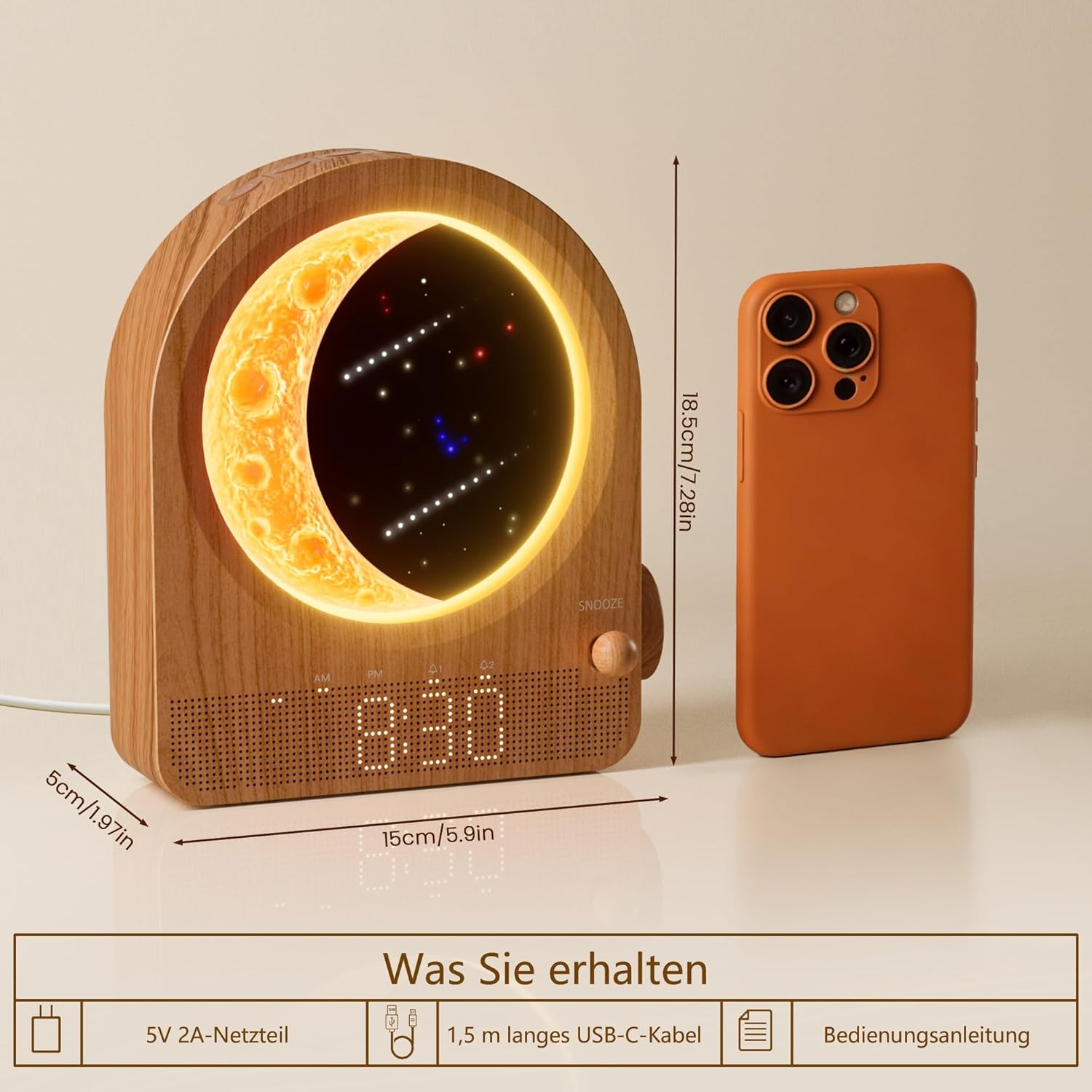 blonbar Wecker & Mondlampe, Nachttischlampe mit Lichtwecker, Tageslichtwecker, Nachtlicht mit 3 Helligkeitsstufen, 10 Naturgeräuschen, ideal für Schlafzimmer – Bild 2