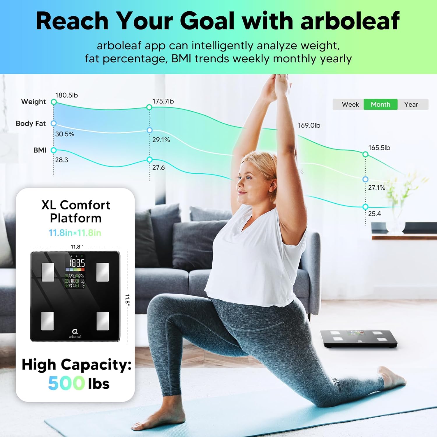 arboleaf Personenwaage Digitale Körperfettwaage mit App, Waage mit Körperfett und Muskelmasse mit großem LED-Display, hochpräzise Körperwaage Bluetooth bis 180 kg / 400 lbs – Bild 4