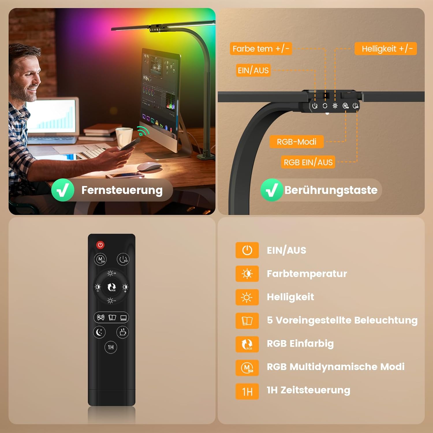 SIBRILLE RGB Doppelkopf Schreibtischlampe LED Dimmbar 22W 80cm Klemmbare Tageslichtlampe mit Fernbedienung, Drehbare Tischlampe Augenschutz Schwanenhals Büro Monitorlampe (5 Farbtemperaturen) – Bild 5