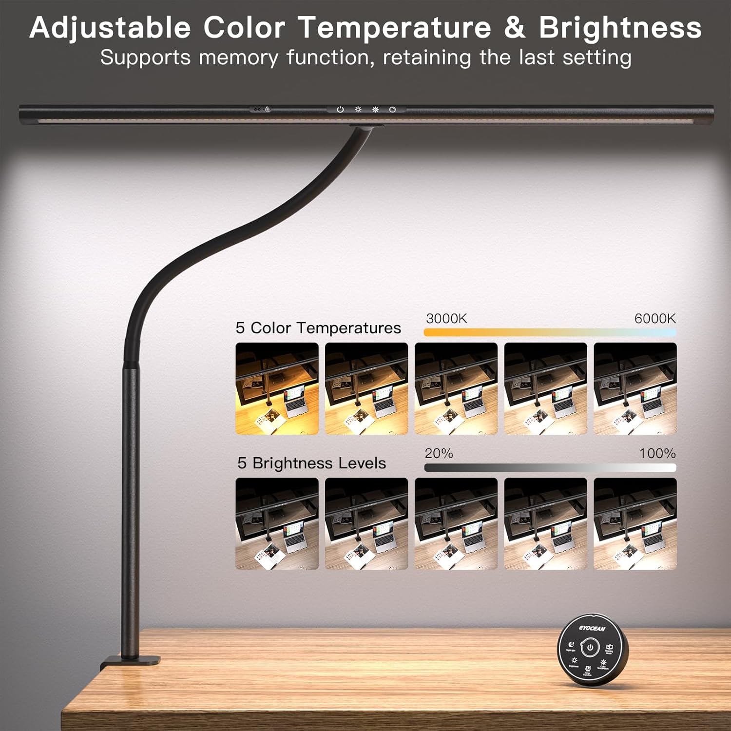 EYOCEAN LED-Schreibtischlampe mit Gestensteuerung und Fernbedienung, 24 W 80 cm klemmbare dimmbare Monitorlampe, Tageslichtlampe für Arbeiter im Büro, Leser, Architekten, Schneider – Bild 4