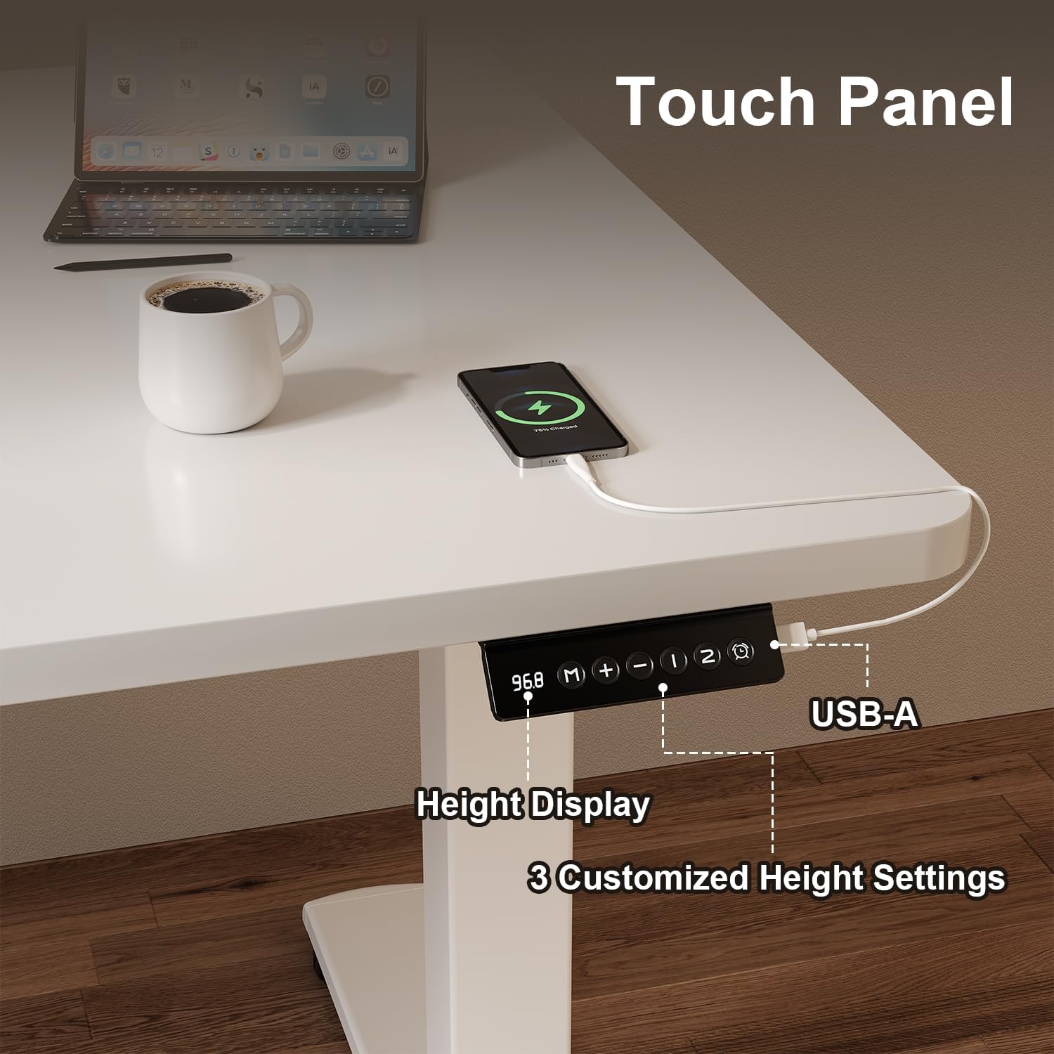 JUMMICO Elektrisch höhenverstellbarer Schreibtisch – Stehsitztisch mit Memory-Funktion & kompletter Tischplatte, Computertisch für Büro & Zuhause, 80 x 53 cm, Weiß – Bild 5