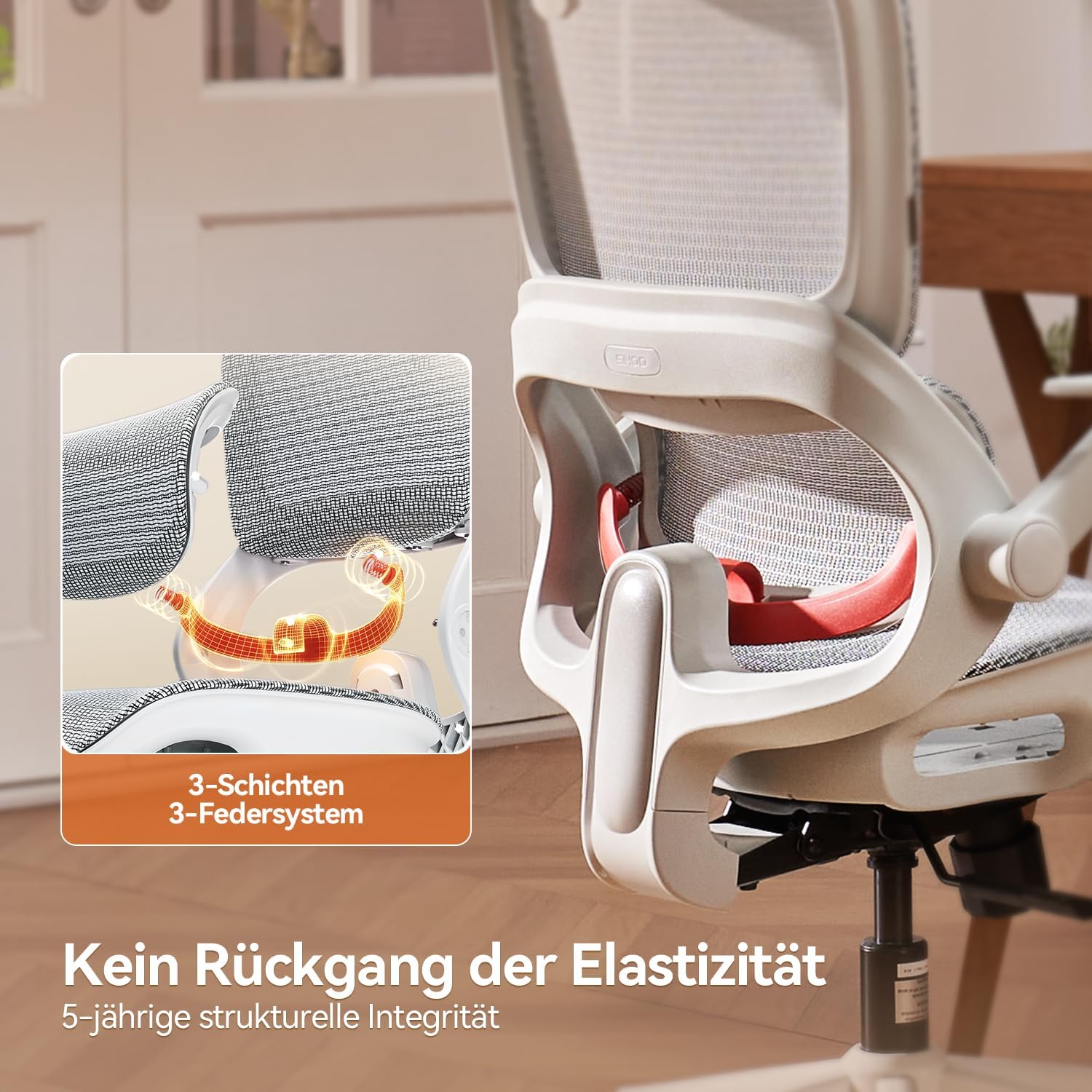 SIHOO Ergonomischer Bürostuhl mit dynamischer 4D-Lendenwirbelstütze, breiter Kopfstütze und klappbaren Armlehnen, 90–135° neigbar, Weiß – Bild 4