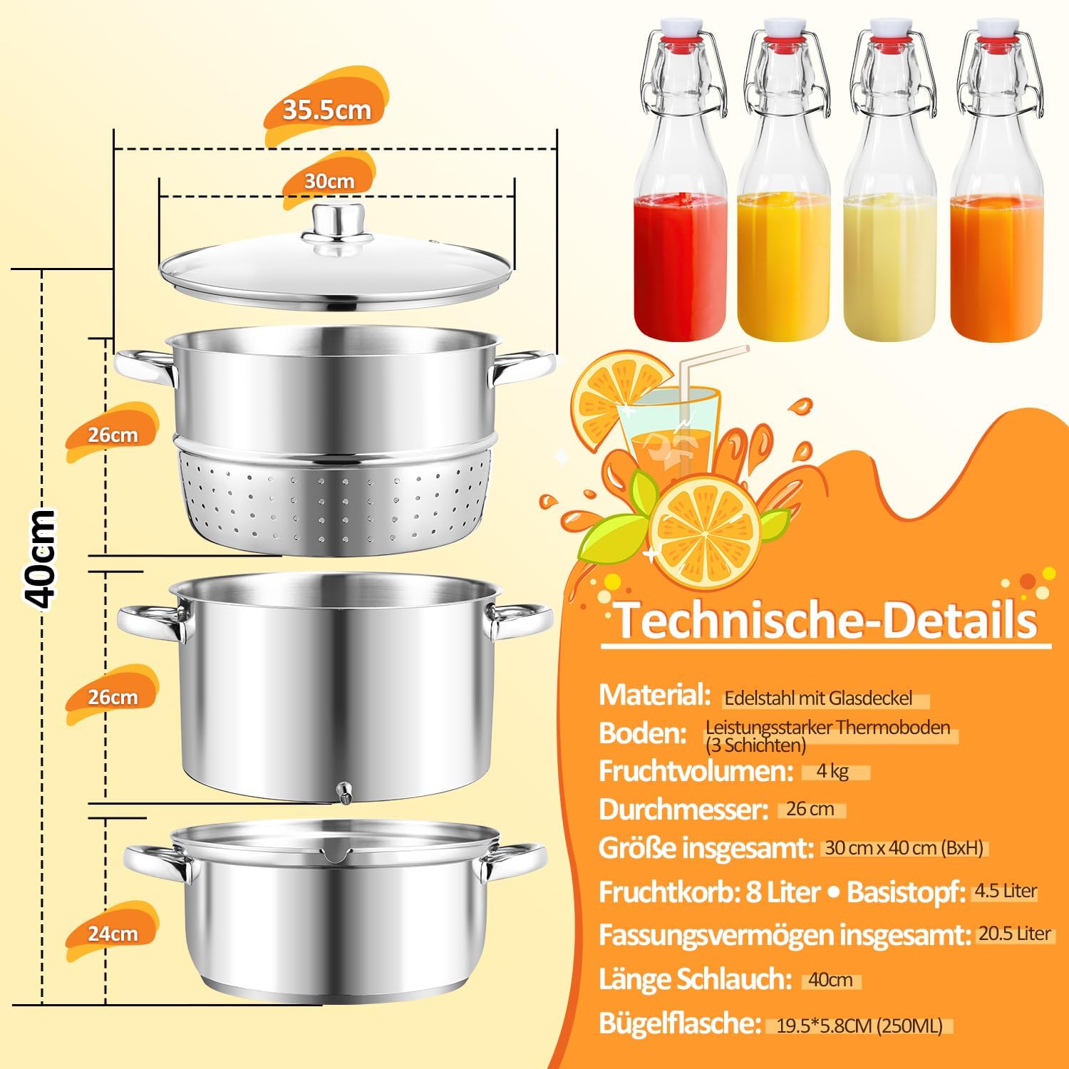 Dampfentsafter Ø 26/16 L, Entsafter aus Edelstahl, für alle Herdarten geeignet, Wasserbehälter ca. 4,5 Liter, schonendes Entsaften von Obst und Gemüse mit 4 Bügelflaschen, Silber – Bild 6