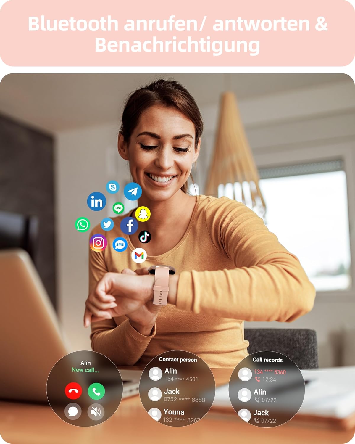 Parsonver Damen Runde Smartwatch mit Telefonfunktion, leichte Fitnessuhr Damen mit Schrittzähler, 100+ Sportmodi, IP68 wasserdicht, Sportuhr Damen mit Herzfrequenz-Schlafmonitor, SpO2, Roségold, SPROD1 – Bild 3