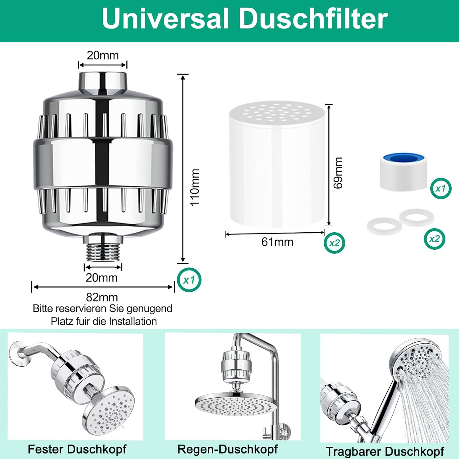36-Stufen-Duschfilter mit Vitamin CE für hartes Wasser, Duschkopffilter, Kalkfilter-Dusche mit 2 Filterkartuschen zur Entfernung von Chlor und Schwermetallen, verbessert die Gesundheit von Haut und Haaren – Bild 2