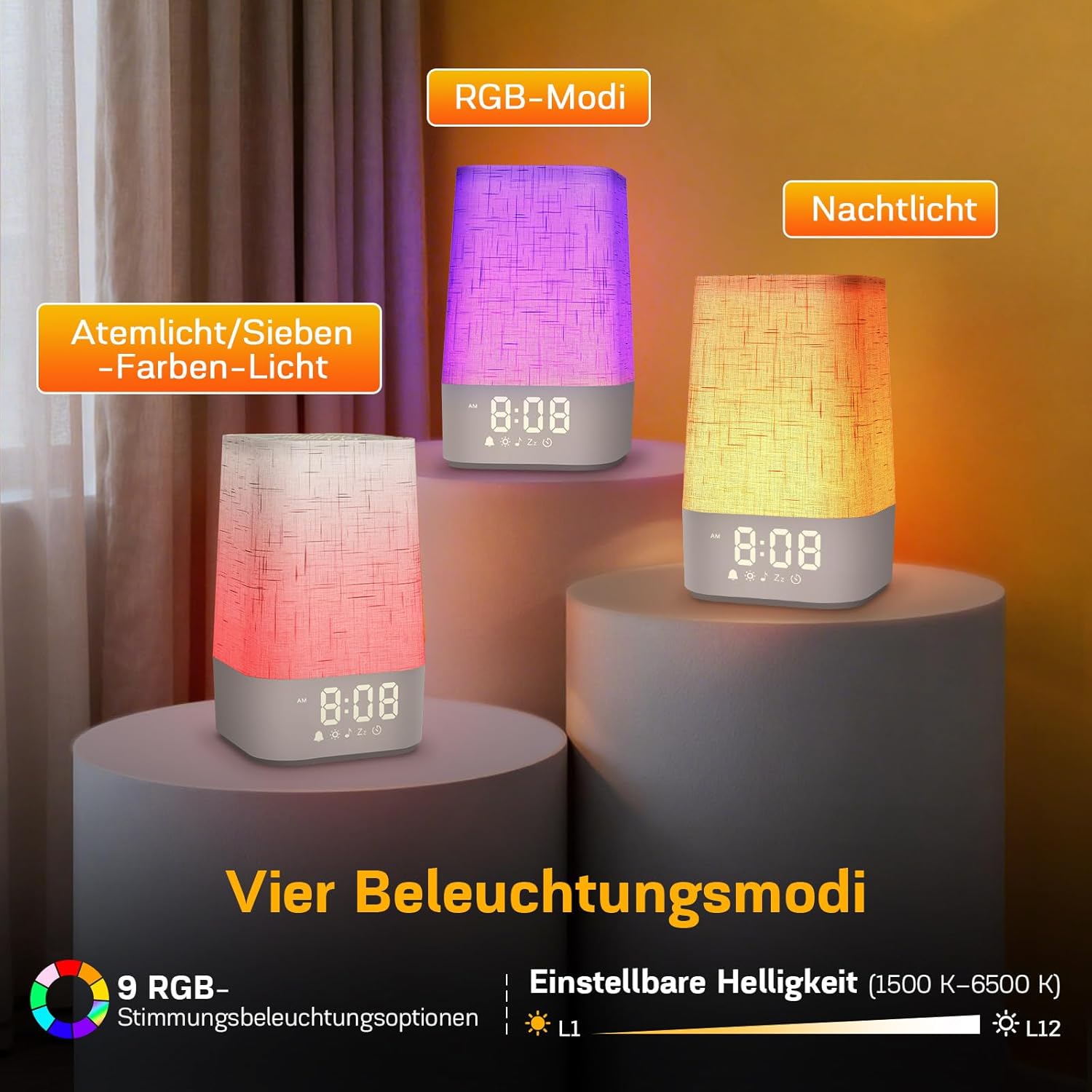 MILFECH Tageslichtwecker mit 30 natürlichen Geräuschen, Lichtwecker Sonnenaufgangswecker Digital Wake Up Light mit Ladefunktion Lichtwecker Einschlafhilfe und RGB dimmbarer Nachtlicht-Timer – Bild 4