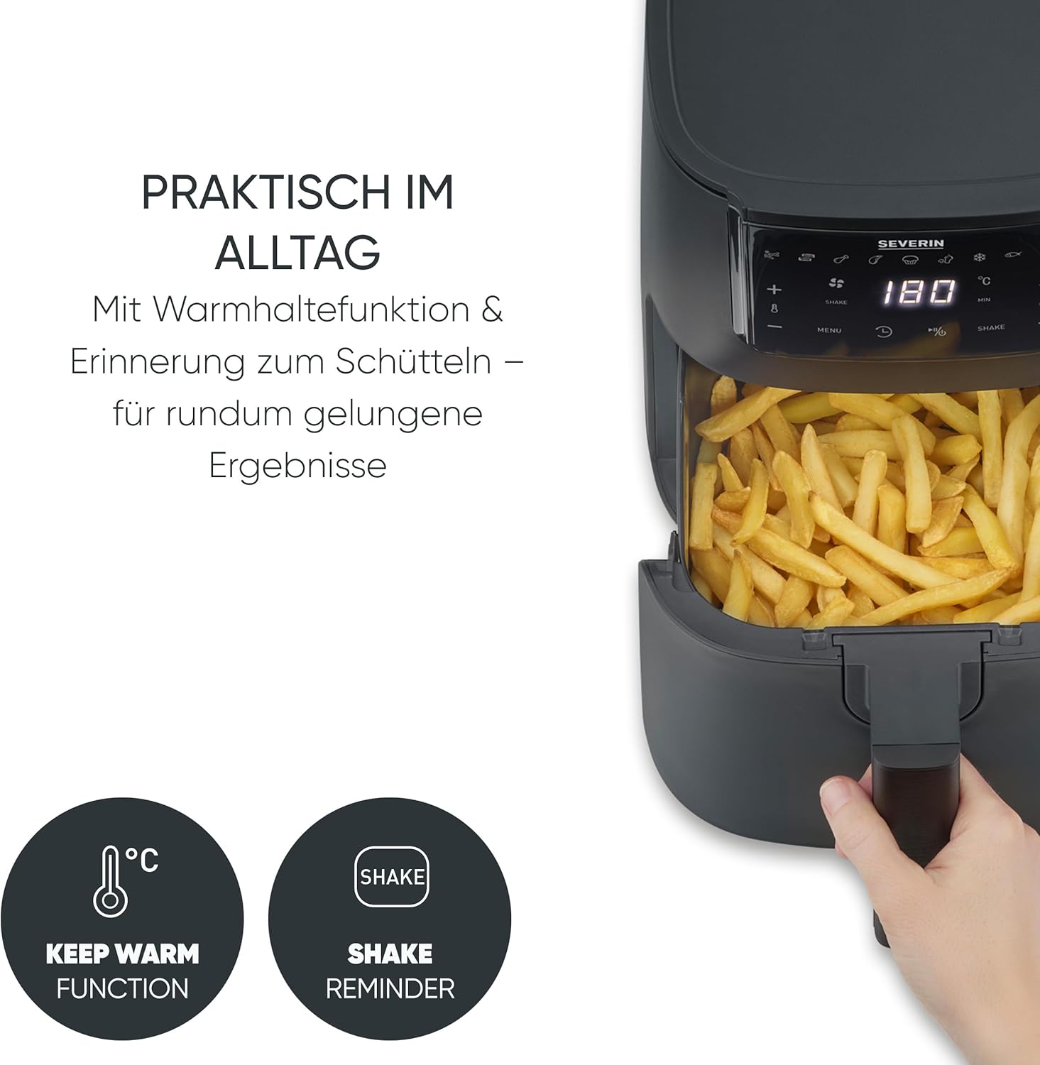 Severin Heißluftfritteuse, Single, Fritteuse zum Kochen ohne Fett, Touch-Display, 8 Automatikprogramme, vielseitige Zubereitung, Warmhaltefunktion, 4L, 1300W, Schwarz, FryLight, FR 2461 – Bild 5