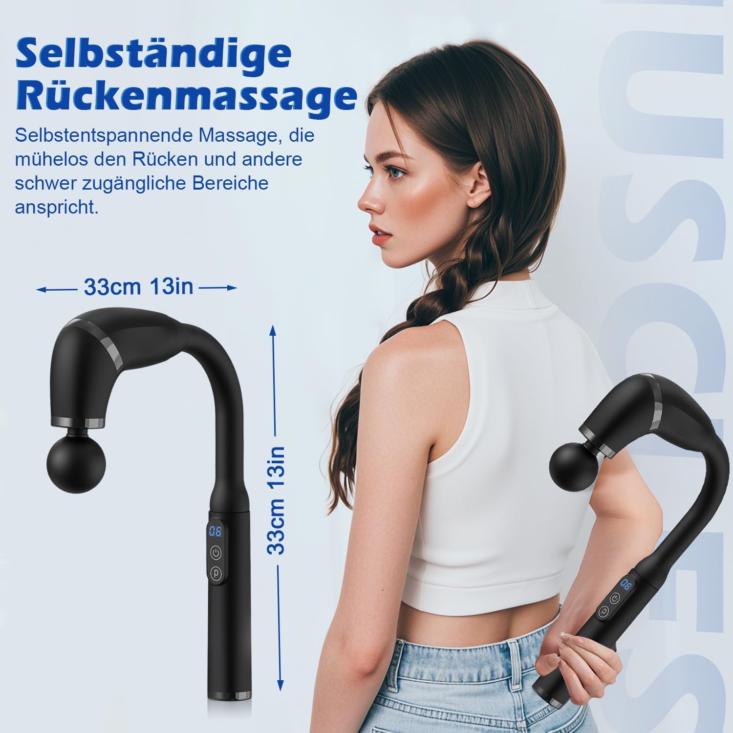U-förmige Massagepistole, Rückenmassagegerät, 4 Massageköpfe, Massagepistole mit LCD zur Schmerzlinderung, Tiefengewebe-Körpermassagegerät, Faszienmuskel-Massagepistole für Nacken, Schulter, Bein – Bild 3