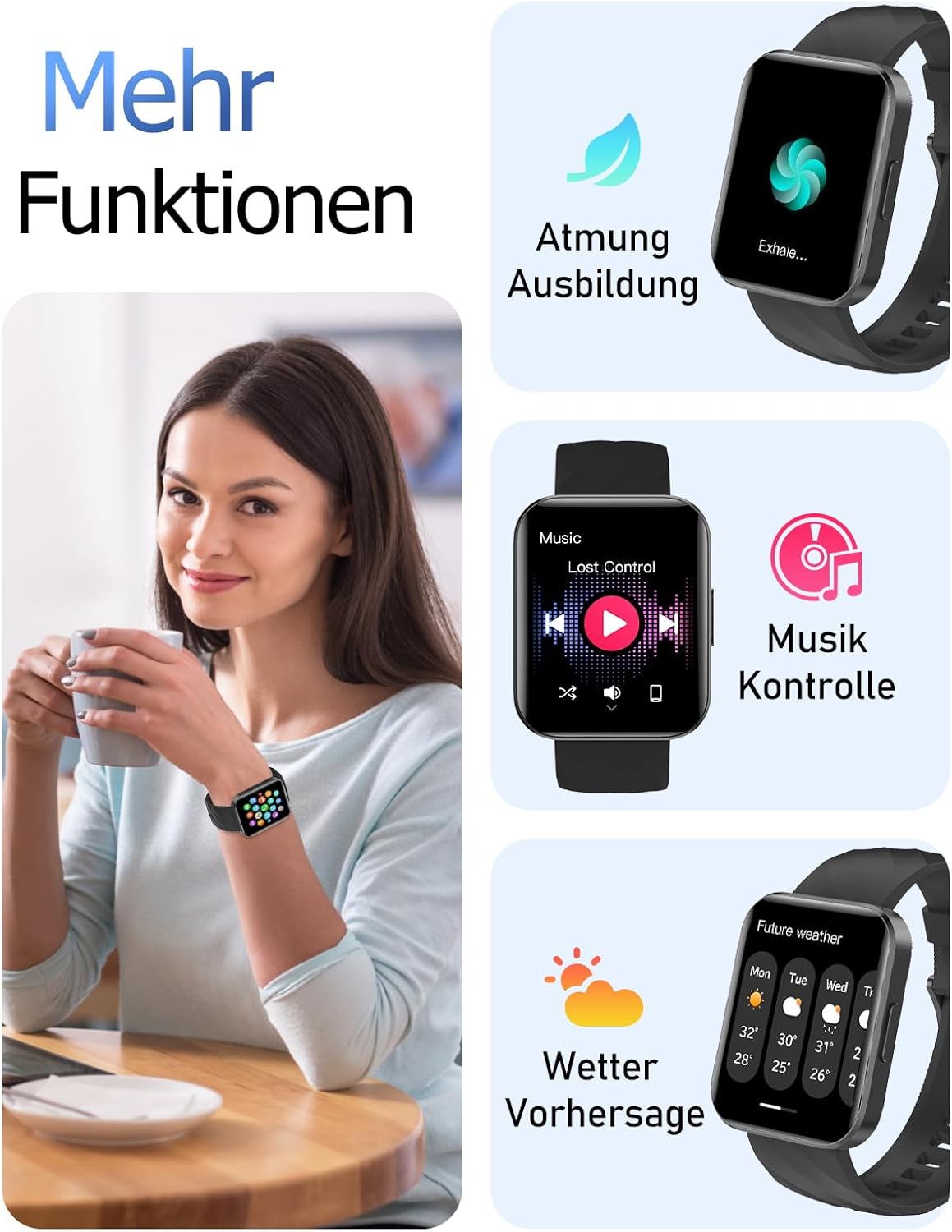 HUAKUA Smartwatch mit Telefonfunktion für Damen und Herren, über 100 Sportmodi, Fitnessuhr mit Herzfrequenzmesser, SpO2-Messung, Schlafüberwachung, Nachrichten für Android iOS – Bild 7