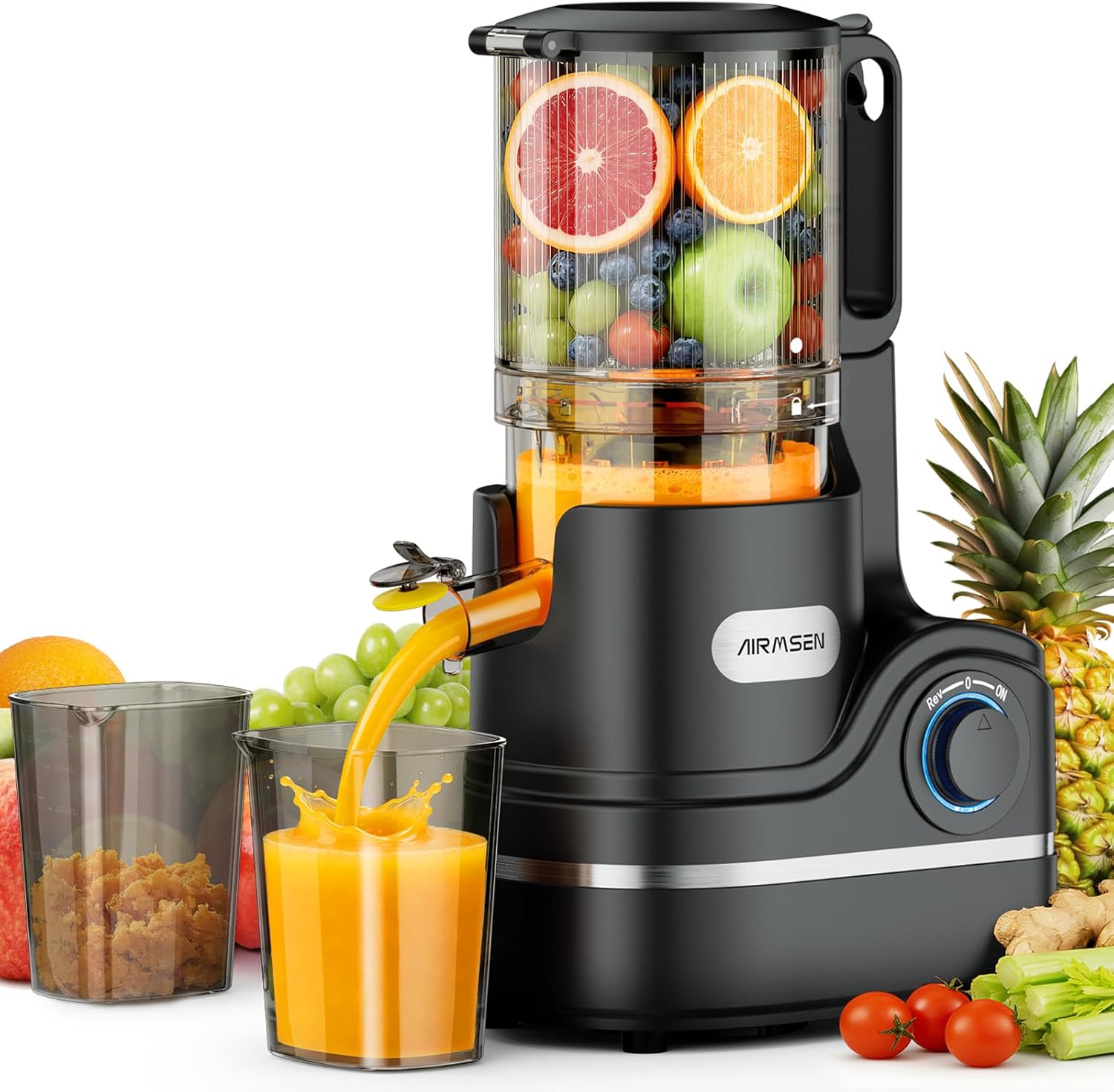 AIRMSEN Entsafter – Slow Juicer mit 147 mm extra großem Einfüllschacht, 2,1 l Fassungsvermögen, 300 W Motor, 7+1 Stufen, verbesserte langsame Spirale, hohe Saftausbeute für ganze Früchte und Gemüse, schwarz