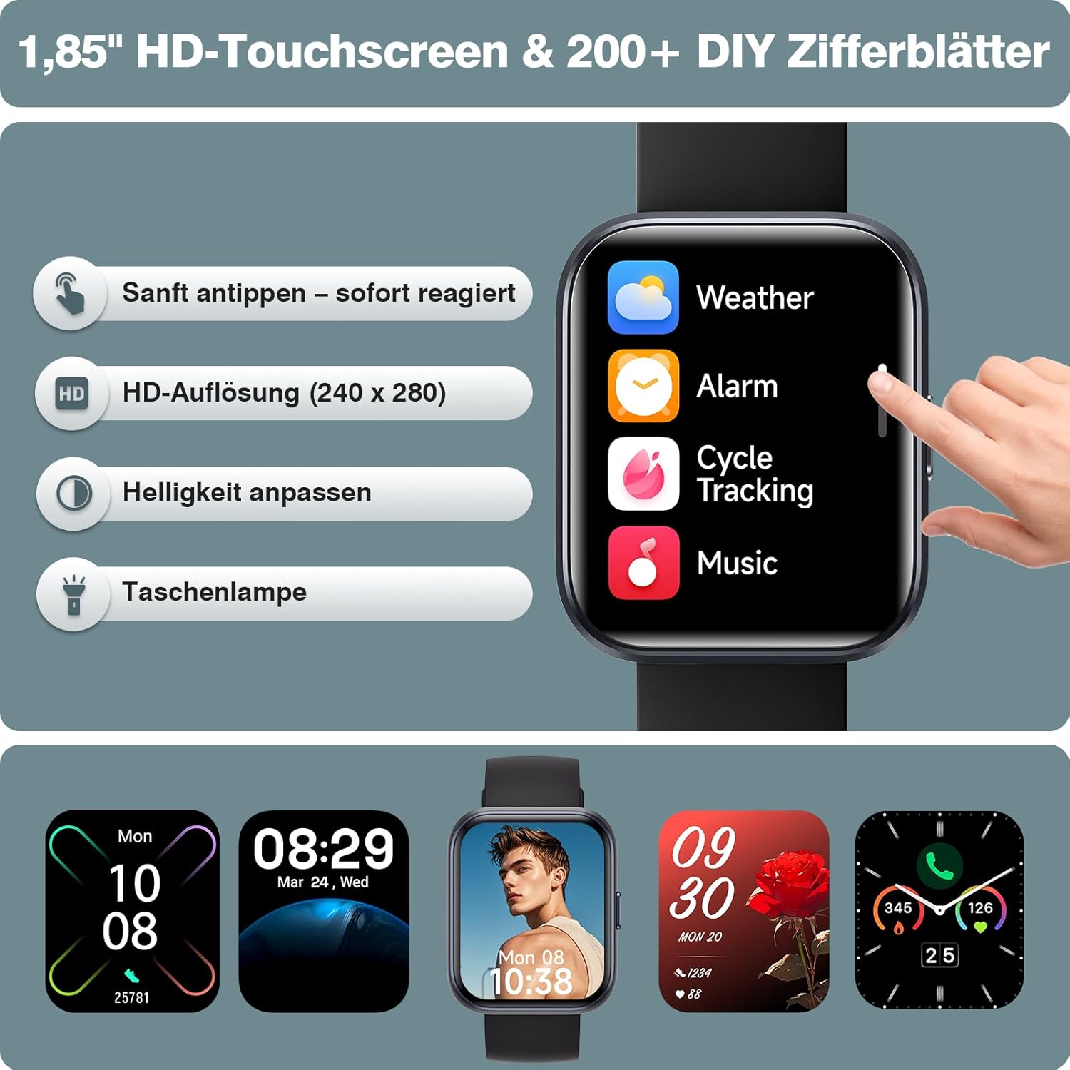 Smartwatch Herren Damen 1,85 Zoll Smartwatch mit Telefonfunktion/WhatsApp, Fitnessuhr Herren mit Herzfrequenz-/Schlafmonitor, 10-Tage-Akku, 3ATM wasserdichter Herzfrequenzmesser für Samsung/iOS/Android/Alexa – Bild 7