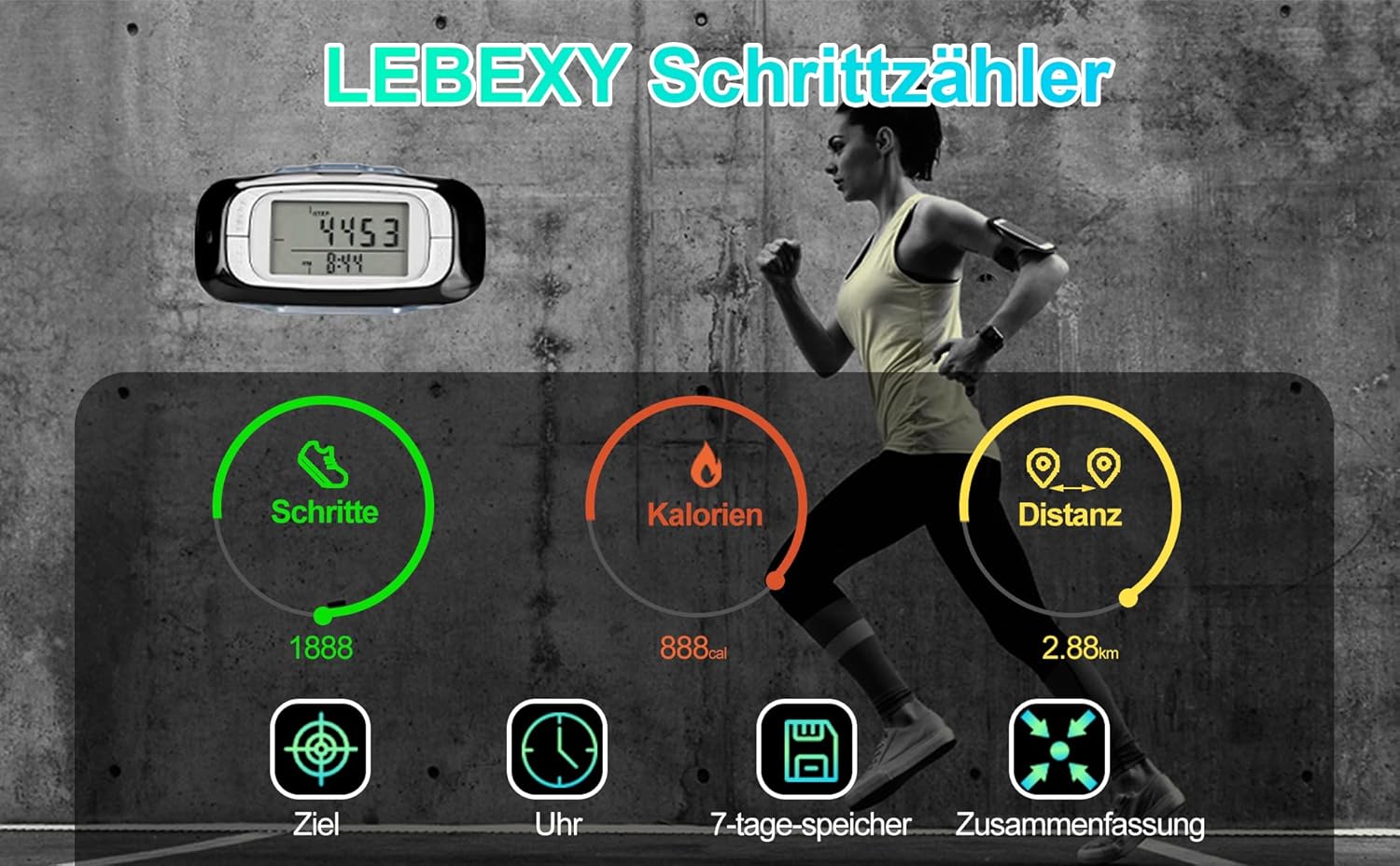 LEBEXY Schrittzähler-Clip, einfacher Schrittzähler, Fitness-Tracker, Bedienung, Testsieger, Schritt/Distanz/Kalorien/Zähler, ohne Bluetooth/App/Handy mit großem Display – Bild 3