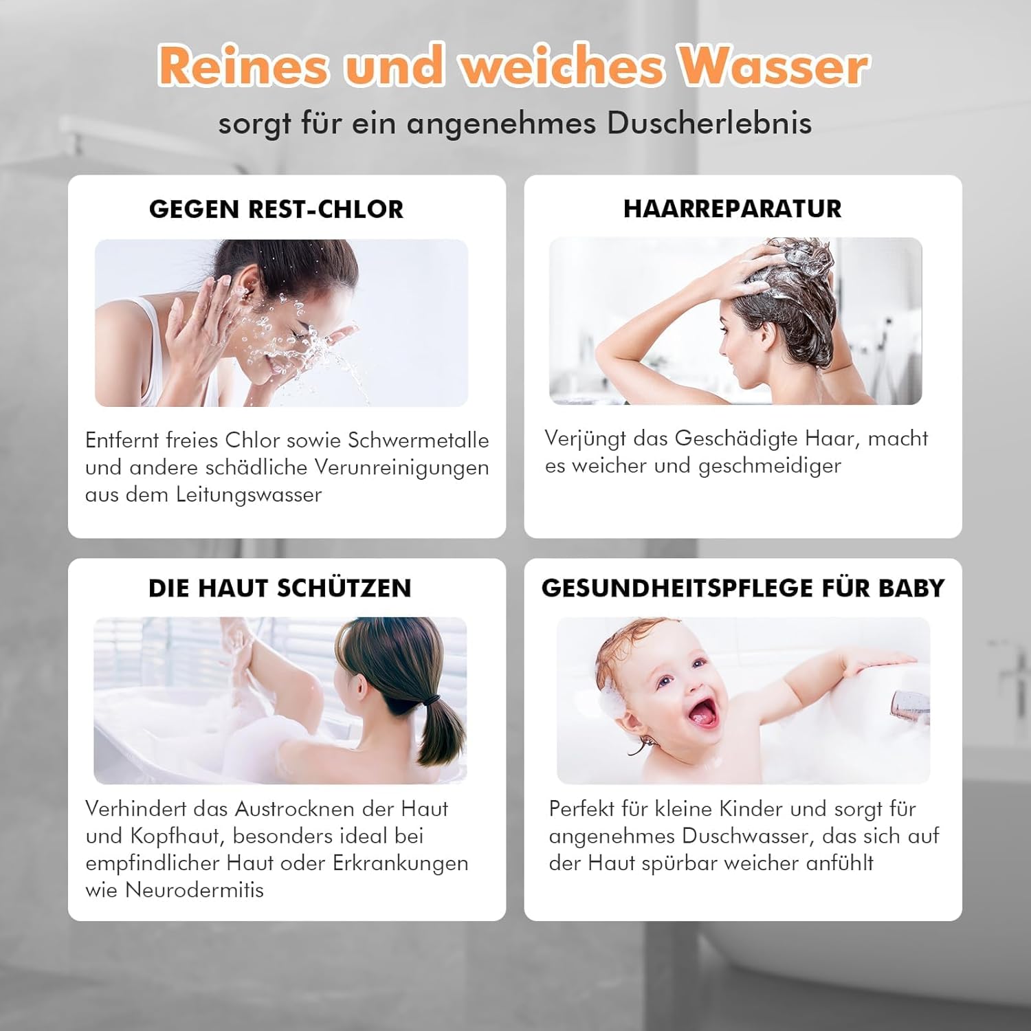 MEKO Duschkopf mit Filter in 15 Schichten, Hochdruck-Handbrause mit 1,5 m Schlauch, 3+1 Strahlarten, Duschkopf zur Entfernung von hartem Wasser, Restchlor, Bakterien und Schwermetallen, Grau – Bild 4