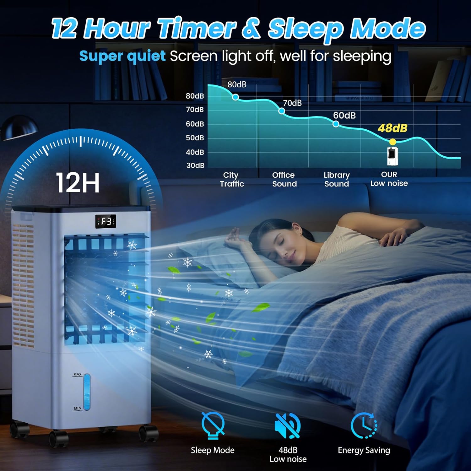 Klimaanlage Mobile, Klimagerät Tragbarer Luftkühler Luftbefeuchter Verdunstungslüfter mit 8L Wassertank, 12H Timer, 4 Modus, 60W Energiesparende Wasserkühlung Klimaanlage für Zuhause Büro (Groß) – Bild 5