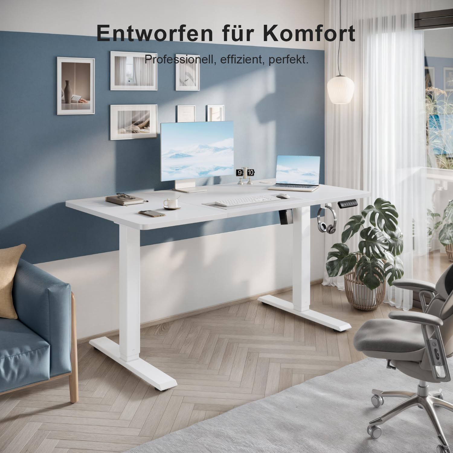 TRIUMPHKEY Elektrischer Stehschreibtisch, 130 x 60 cm, höhenverstellbarer Schreibtisch mit Memory, Smart Panel, Sitz-Steh-Schreibtisch mit Rucksackhaken, Steh-Studiertisch, Arbeitstisch für das Heimbüro (weiß) – Bild 7