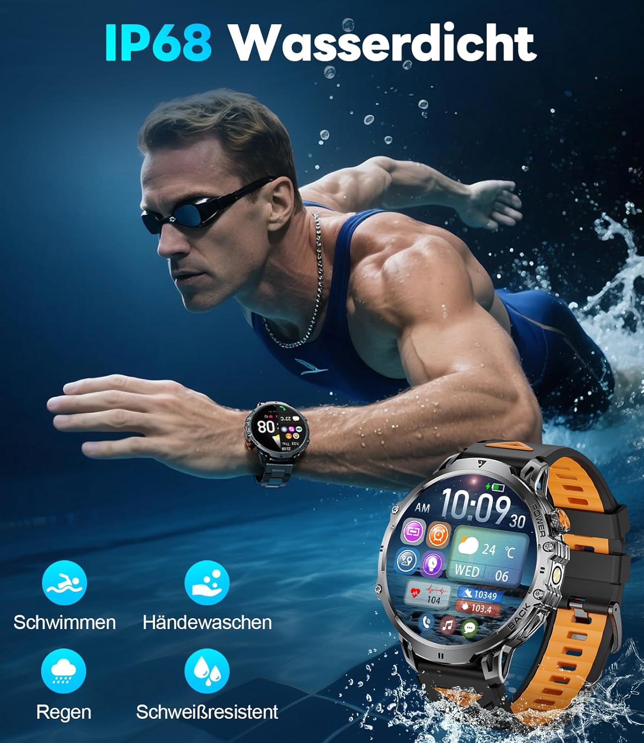 LIGE Military Smartwatch Herren – 1000 mAh/1,85 Zoll HD großer Touchscreen/LED-Licht, Fitnessuhr mit 110+ Sportmodi, Herz-/Schlaf-Tracking, 2 Armbänder, IP68 wasserdicht, Sportuhr für iOS/Android, Schwarz – Bild 12