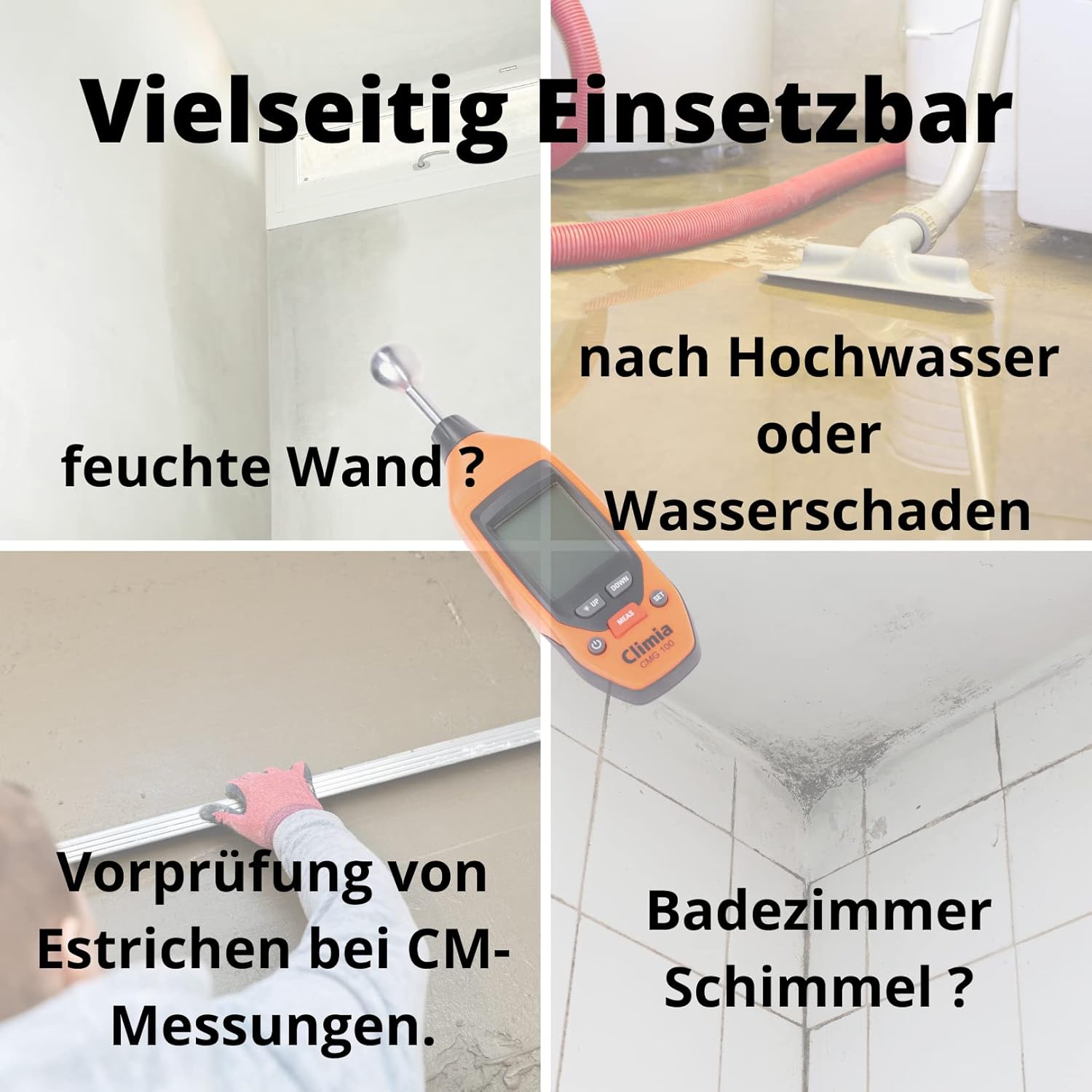 Climia CMG100 Feuchtigkeitsmessgerät für Wände, 5–40 mm Analysetiefe, Feuchtigkeitsmessgerät mit bis zu 50 Stunden Akkulaufzeit – einfach zu bedienen, beleuchtetes LED-Display – Bild 8