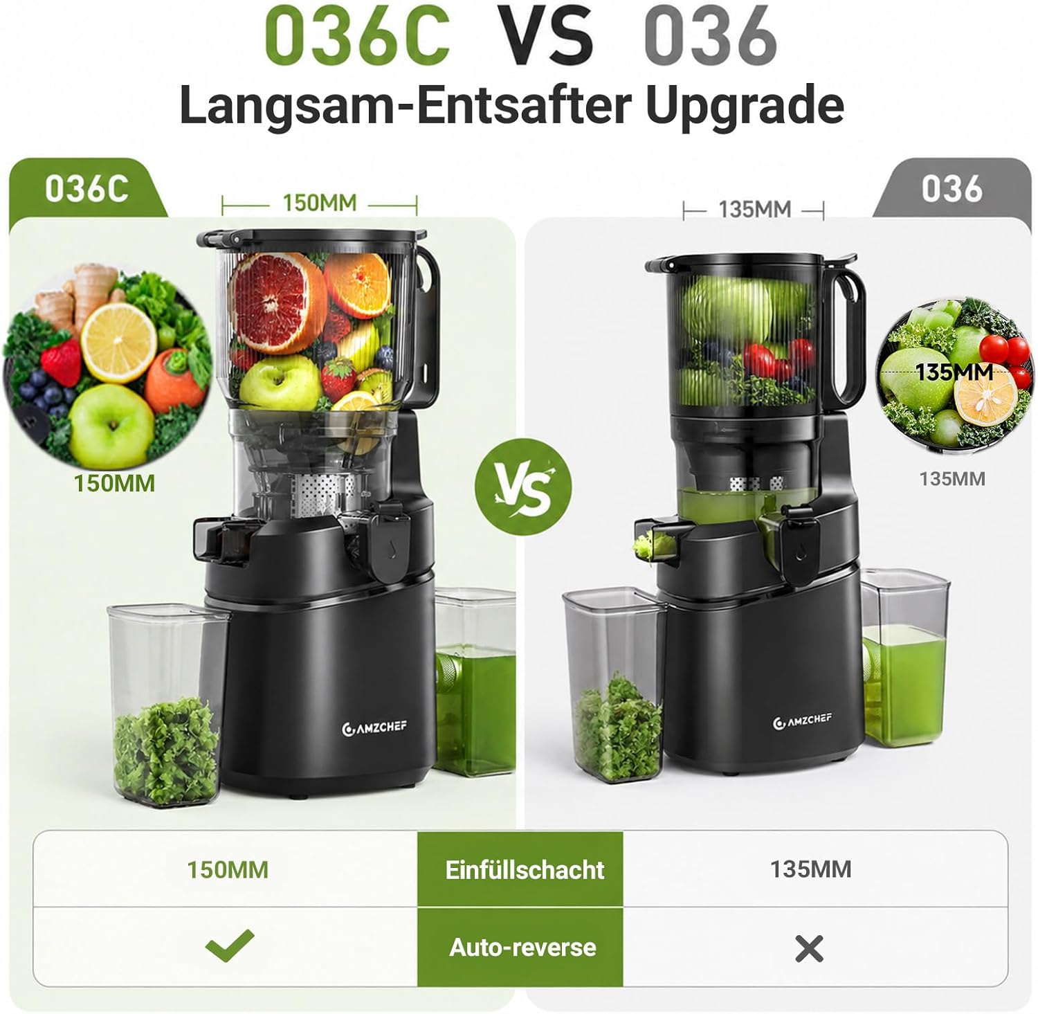 AMZCHEF 250W Automatischer All-In-One-Entsafter, 150mm Öffnung und 2L Kaltpress-Entsafter für Gemüse und Obst, Entsafter Slow Juicer Testsieger mit Dreifachfilter - Schwarz – Bild 12