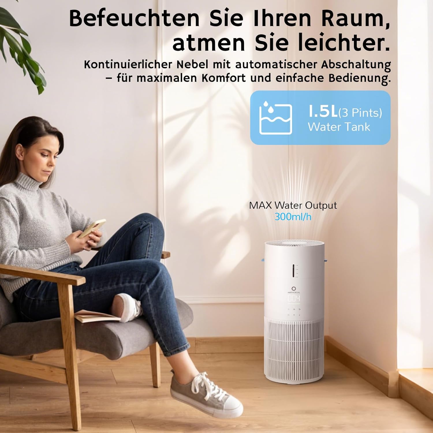 Airthereal AEH300 2-in-1 Luftreiniger & Luftbefeuchter – Kombigerät für Räume bis 111 m² – HEPA-Filter gegen Pollen & Tierhaare – Hygienische Kaltverdunstung ohne Nebel & Kalkstaub – Auto-Modus – Bild 4