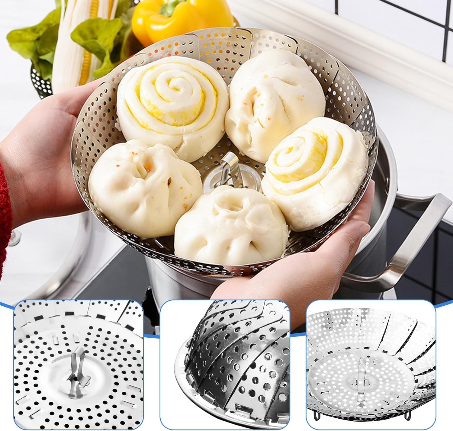 Dampfgareinsatz aus Edelstahl – Klappbarer Dampfgareinsatz für Töpfe 14-23 cm – Dampfeinsatz mit Öse für Gemüsedämpfer, Dampfgarer & Schnellkochtöpfe – Vielseitiger Dampfgartopf & Dampfgartopf – Bild 3